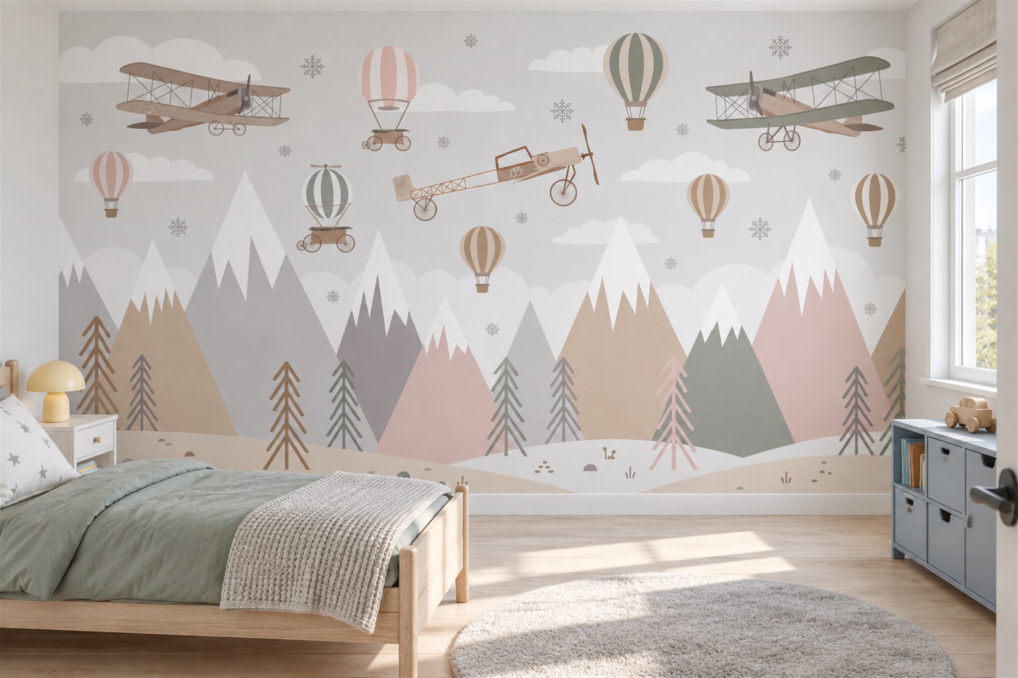 Airplanes and balloons across a full bedroom mural wall