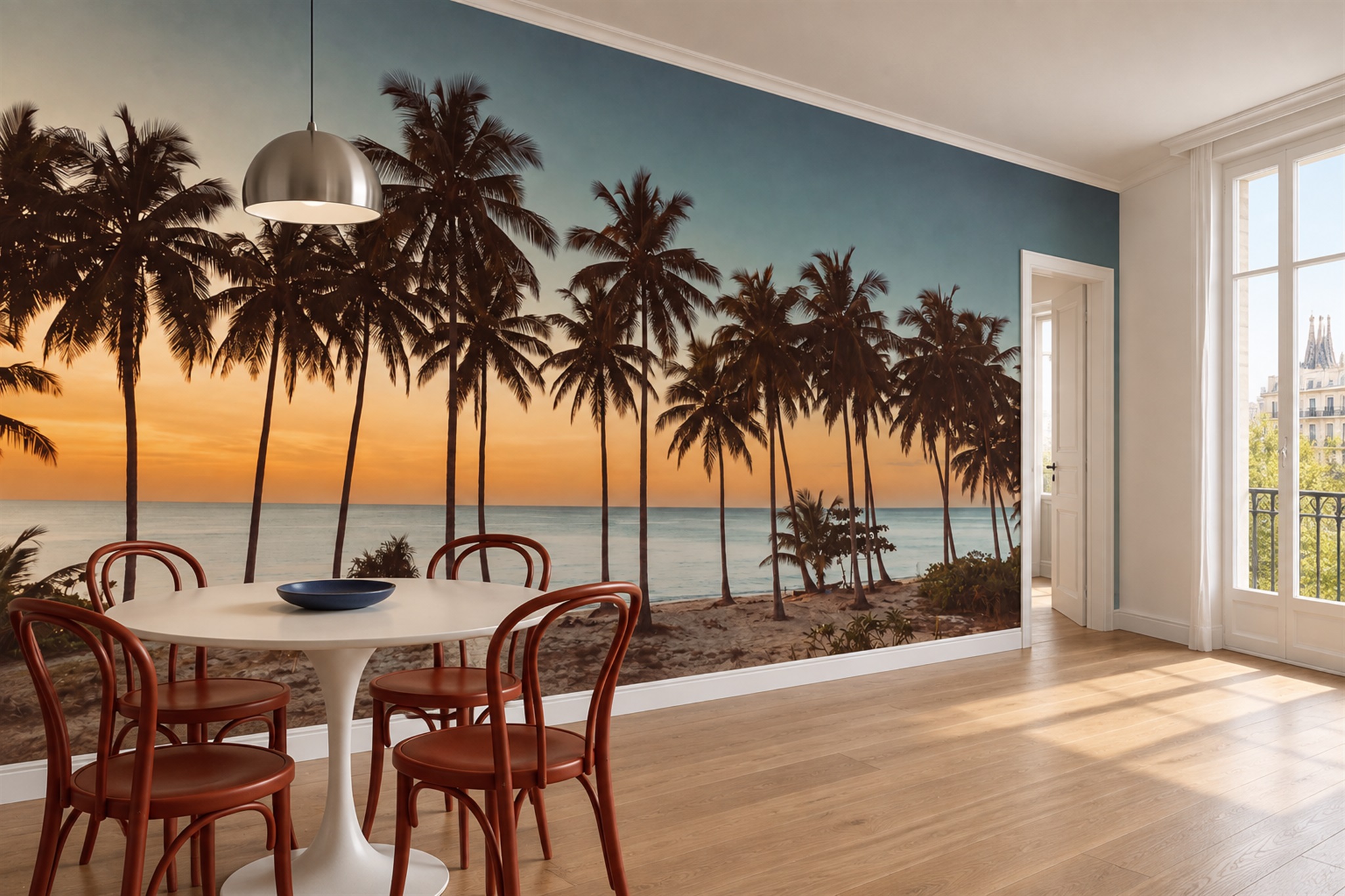 Gold Palm Artful Wallpaper Mural Dining-room-wallpaper-murals, Shown In A Dining Room, Peel-and-stick Finish
