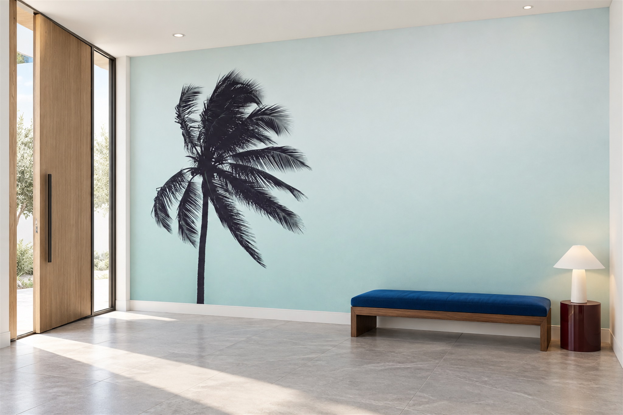 Aqua Palm Artful Wallpaper Mural Entryway-wallpaper-murals, Peel-and-stick Finish