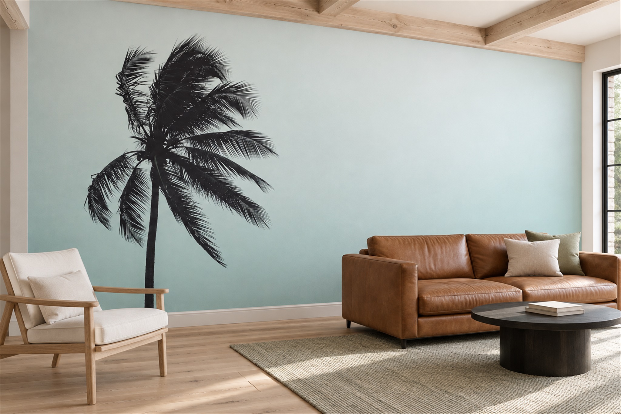 Aqua Palm Artful Wallpaper Mural Accent-wall-wallpaper-murals, Peel-and-stick Finish