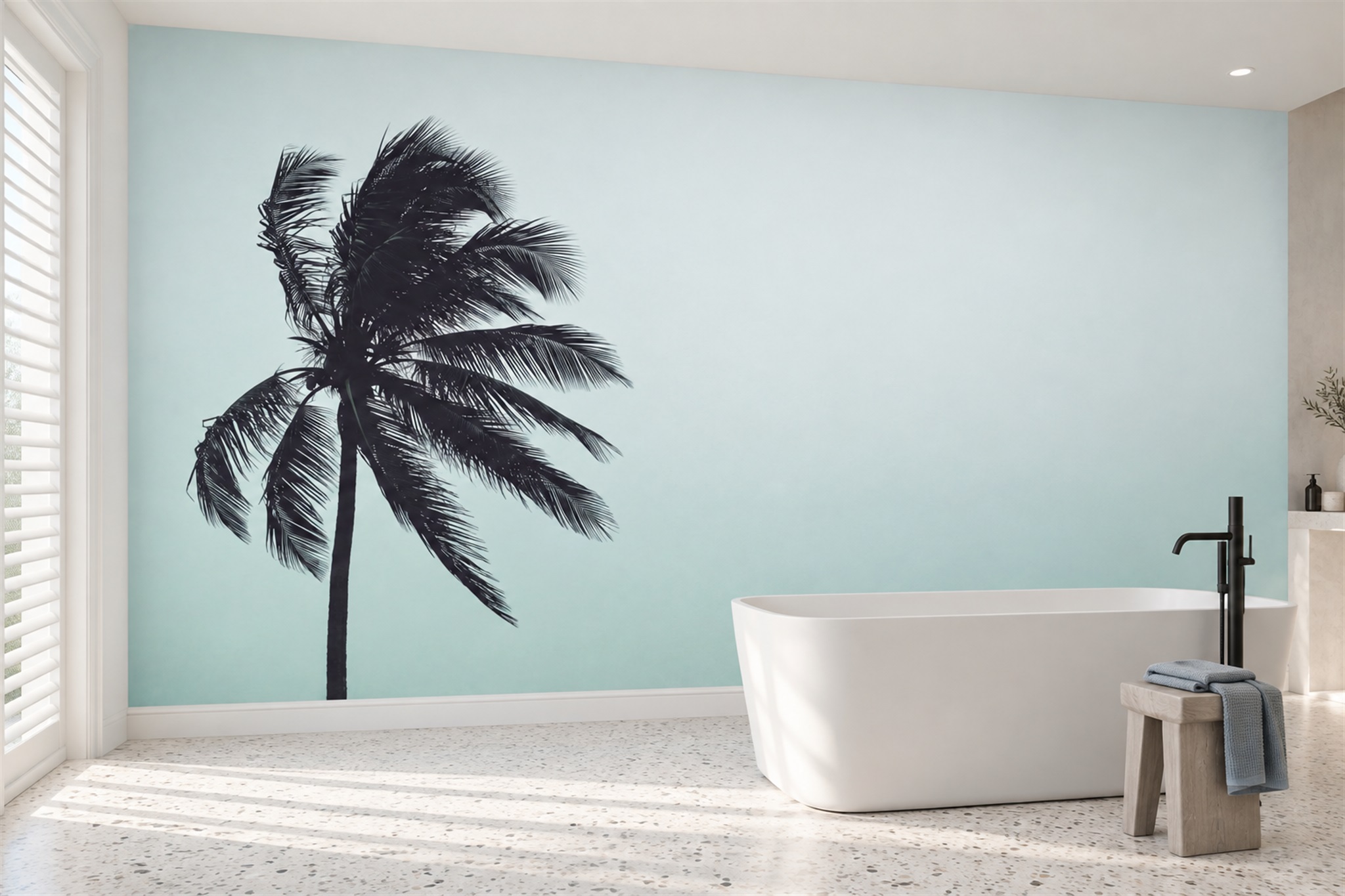 Aqua Palm Artful Wallpaper Mural Accent-wall-wallpaper-murals, Peel-and-stick Finish