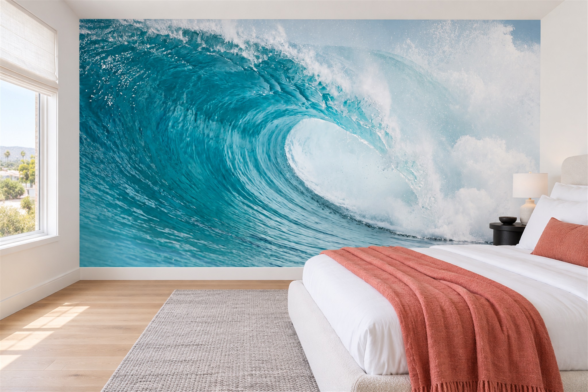Teal Wave Artful Wallpaper Mural Bedroom-wallpaper-murals, Peel-and-stick Finish