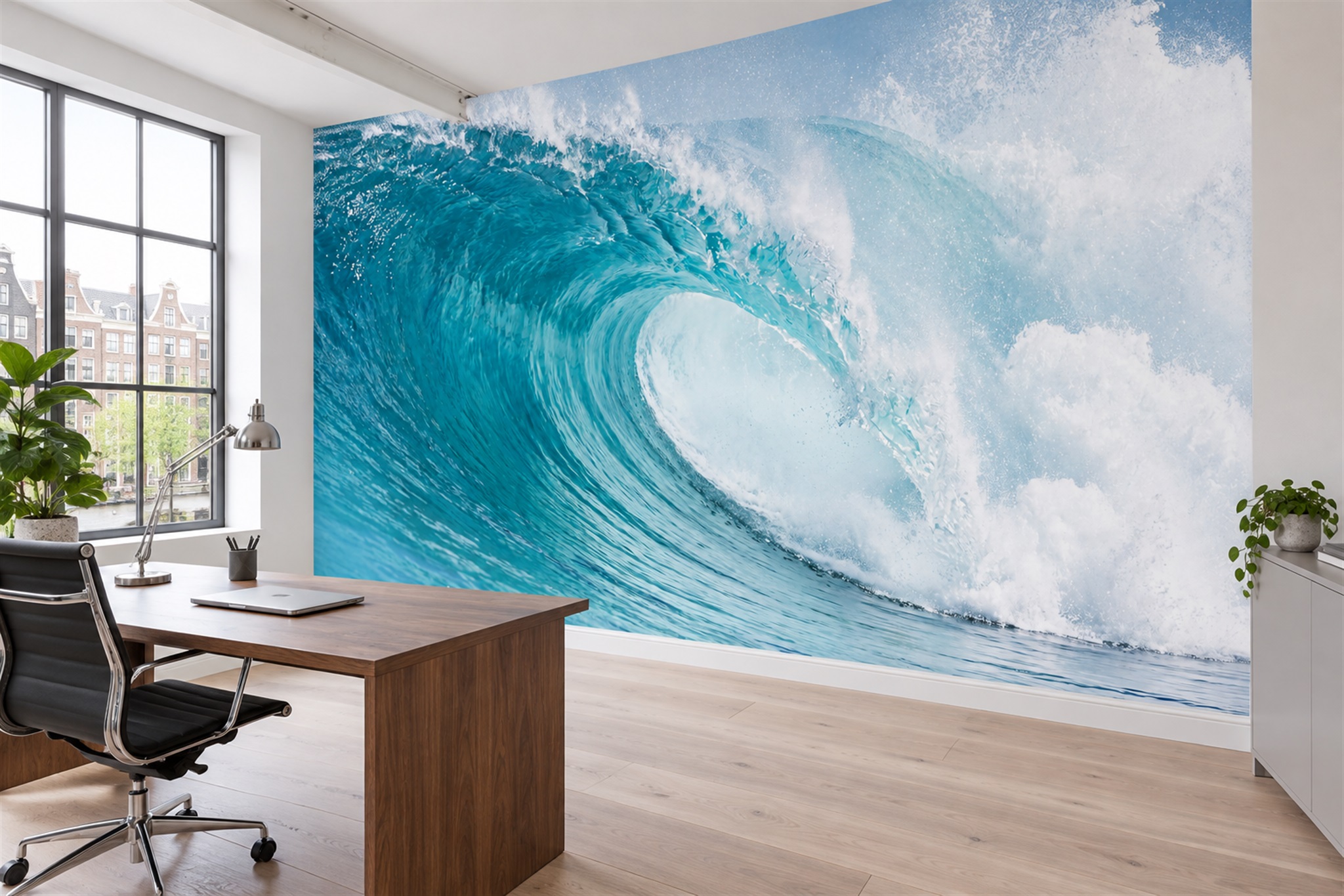 Teal Wave Artful Wallpaper Mural Office-wallpaper-murals, Shown In A Home Office, Peel-and-stick Finish