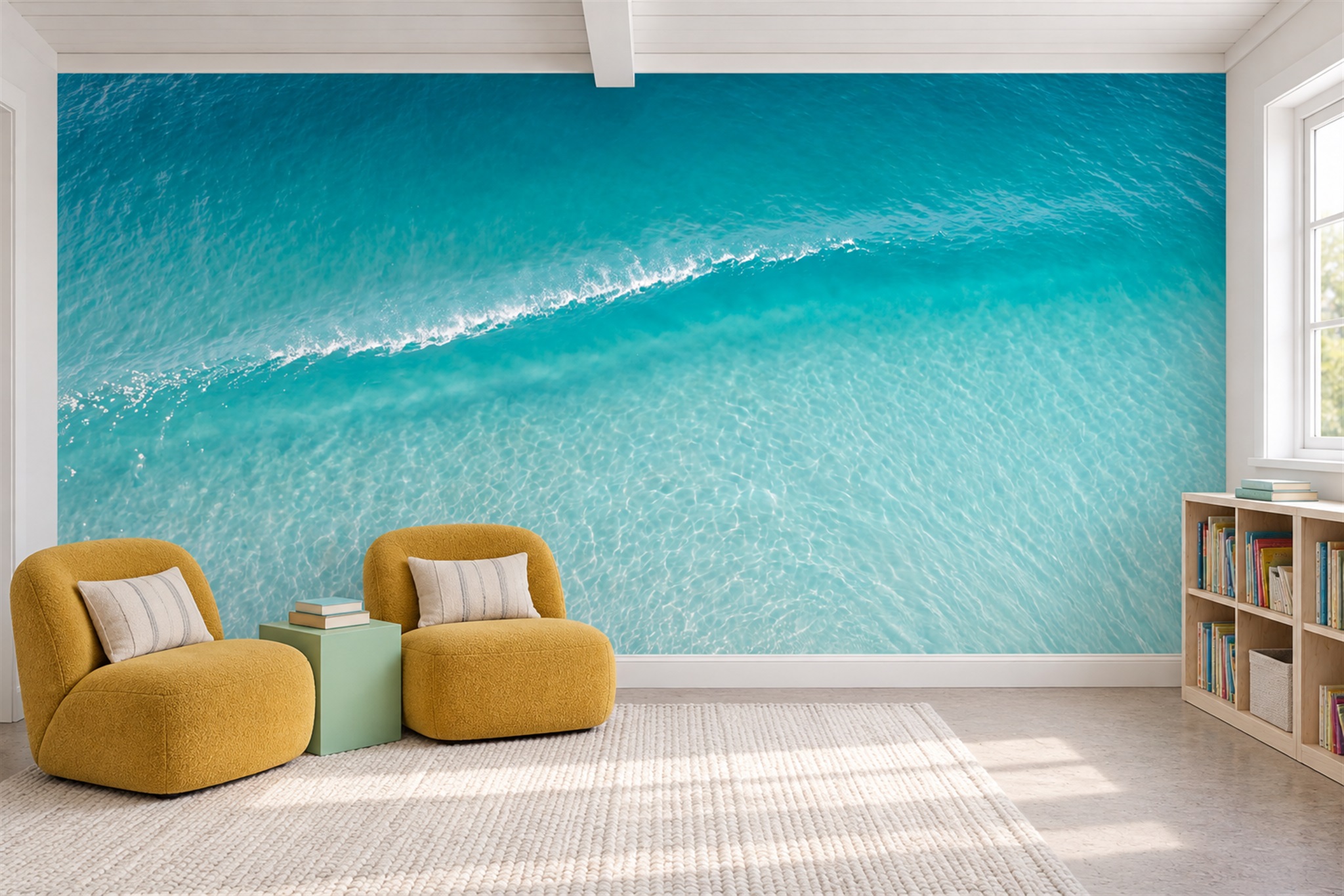 Teal Sea And White Breaking Wave Wallpaper Mural — Wallpaper Mural Design, Peel-and-stick Finish