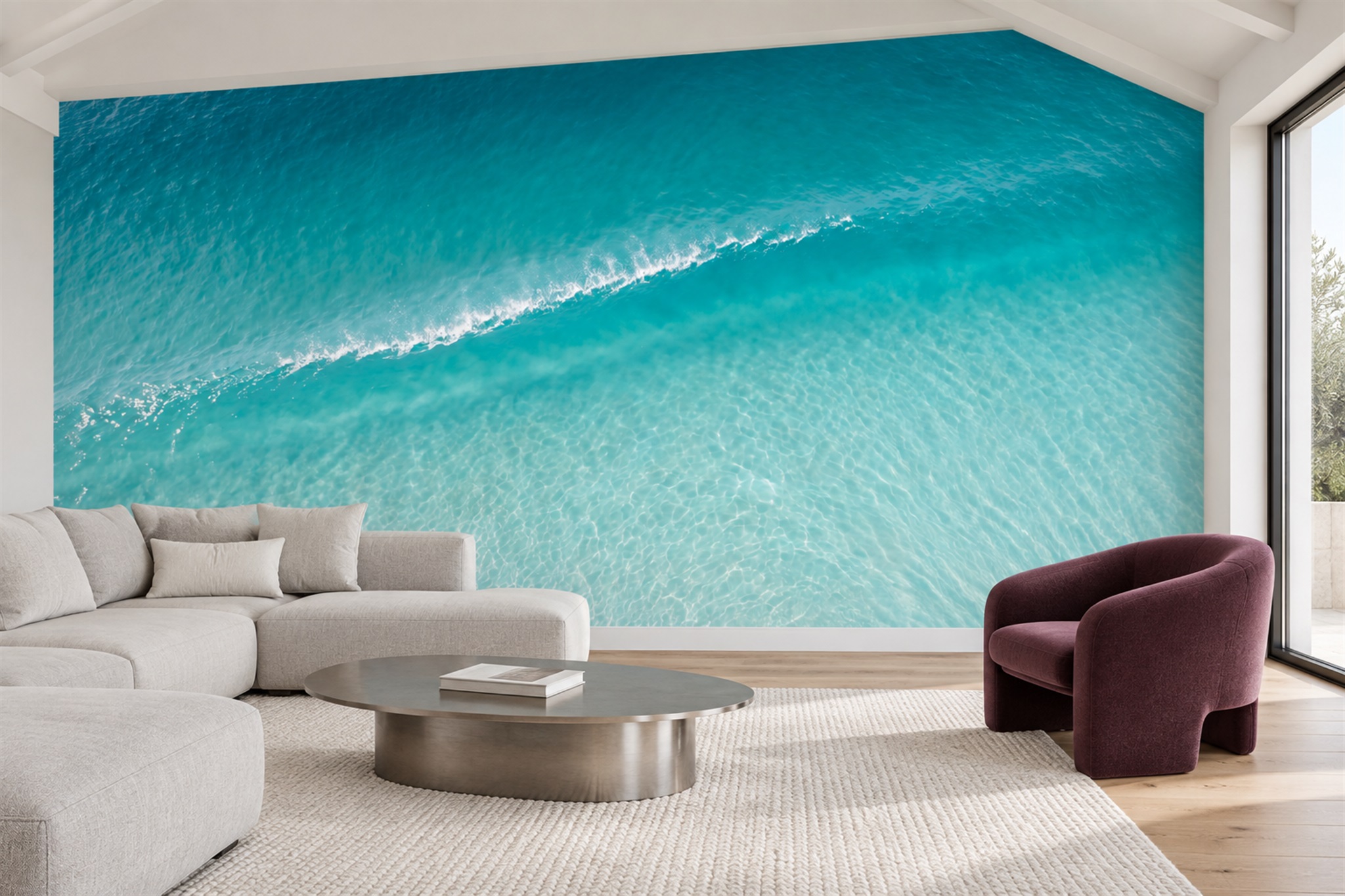 Teal Children’s Scenic Wallpaper Mural, Shown In A Living Room, Peel-and-stick Finish