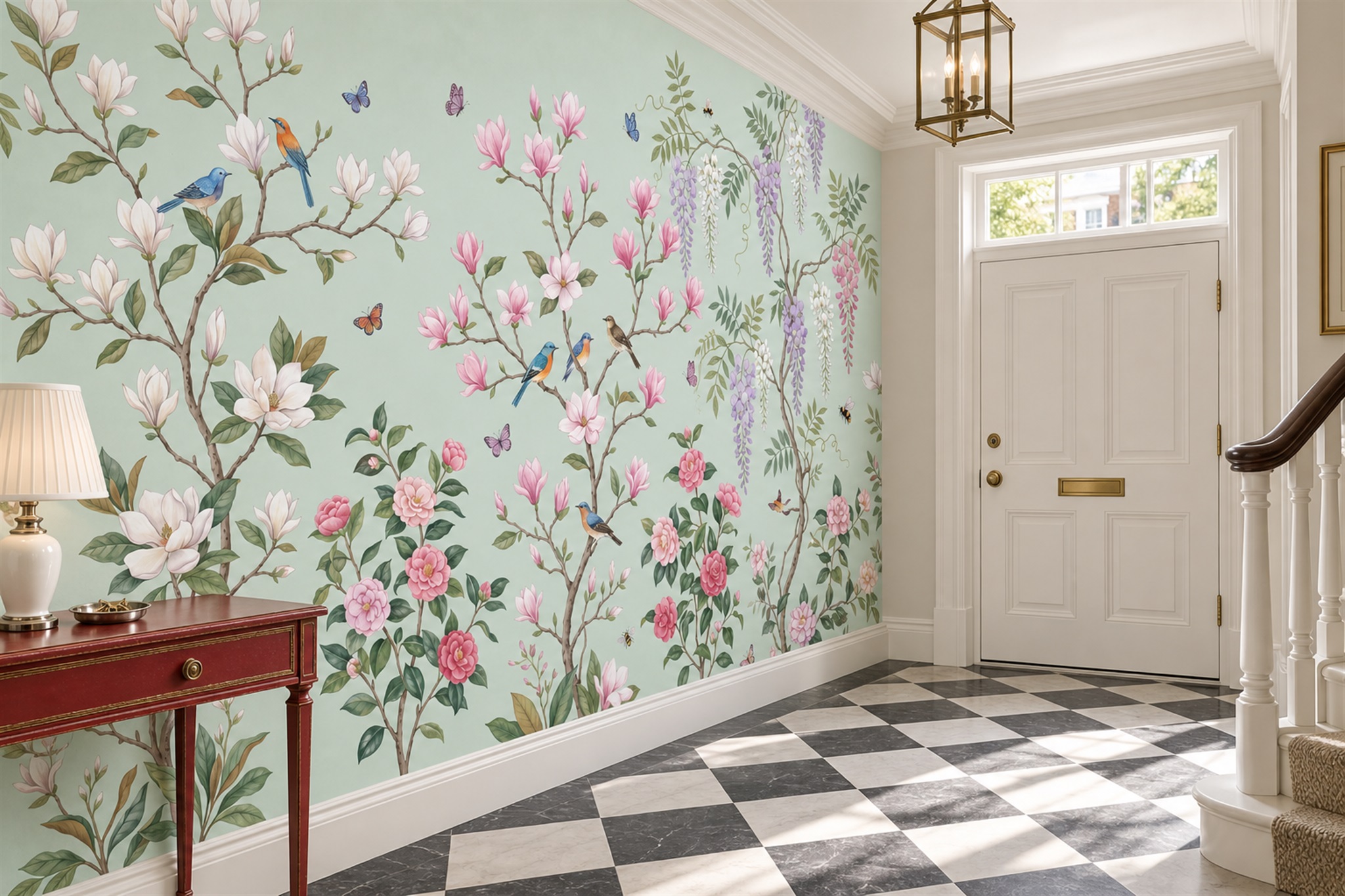 Mint Floral Botanical Wallpaper Mural Entryway-wallpaper-murals, Peel-and-stick Finish