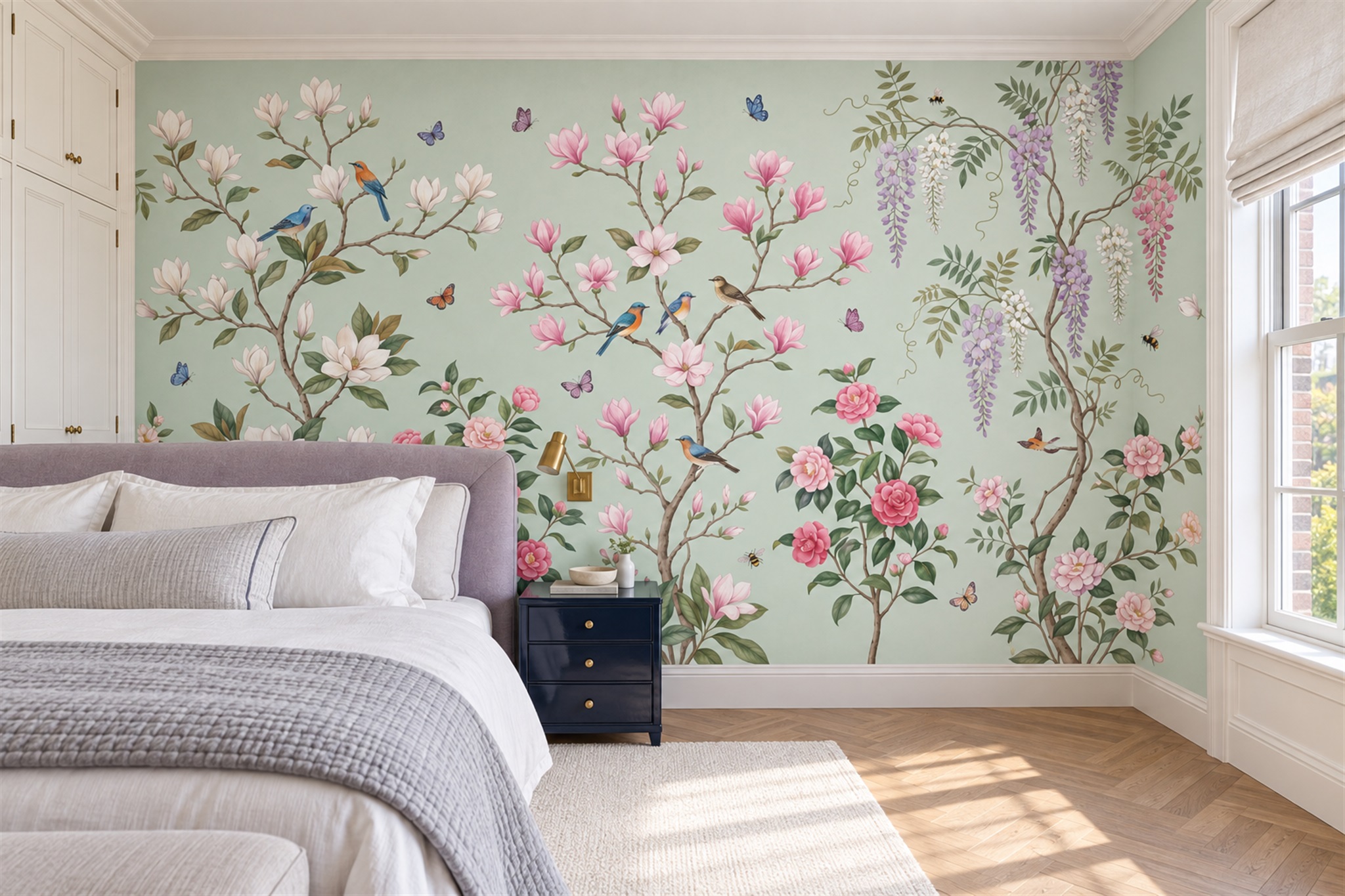 Mint Floral Botanical Wallpaper Mural Bedroom-wallpaper-murals, Peel-and-stick Finish