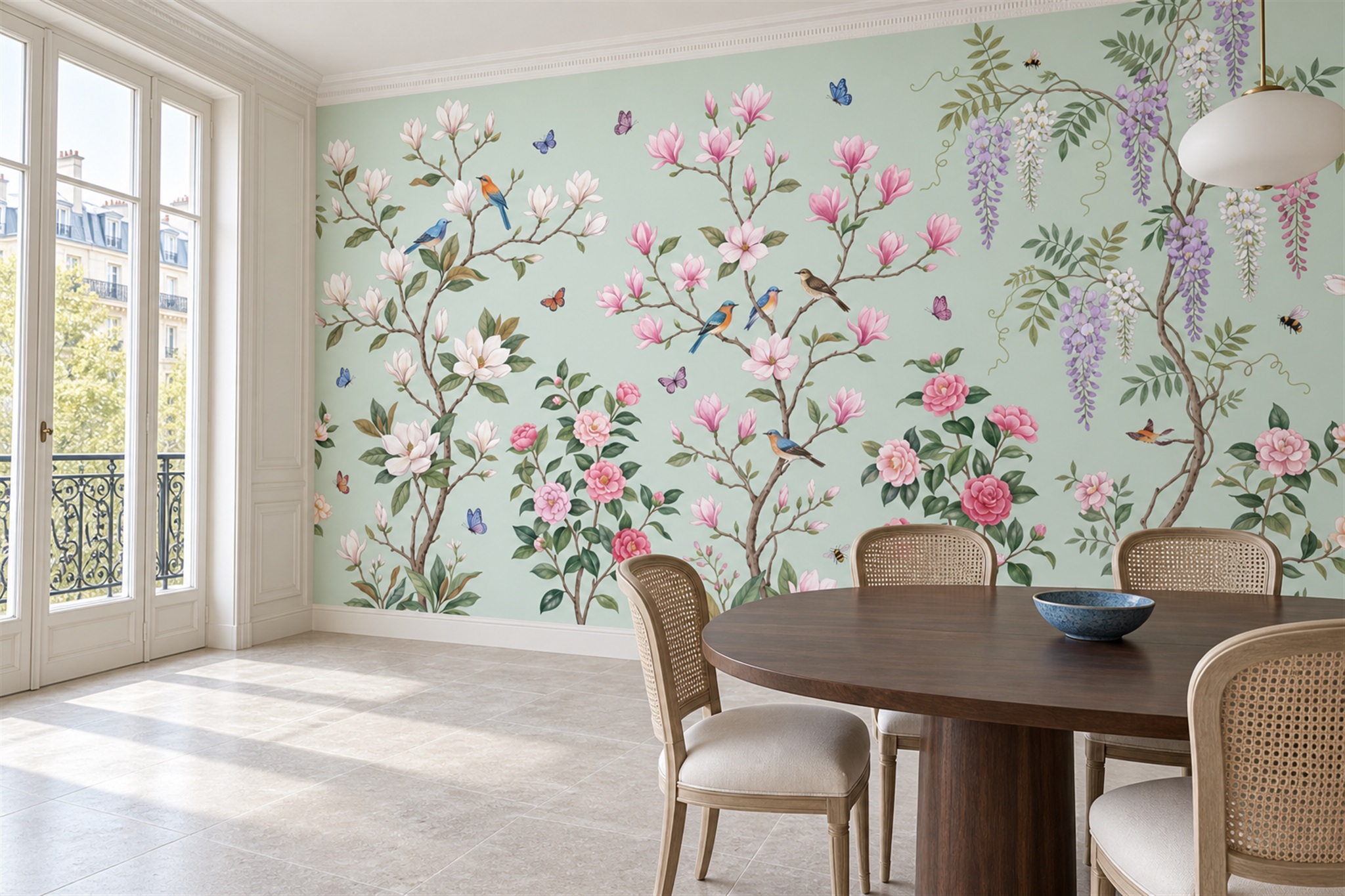 Mint Blossom Branches, Birds And Butterflies Wallpaper Mural — Wallpaper Mural Design, Peel-and-stick Finish