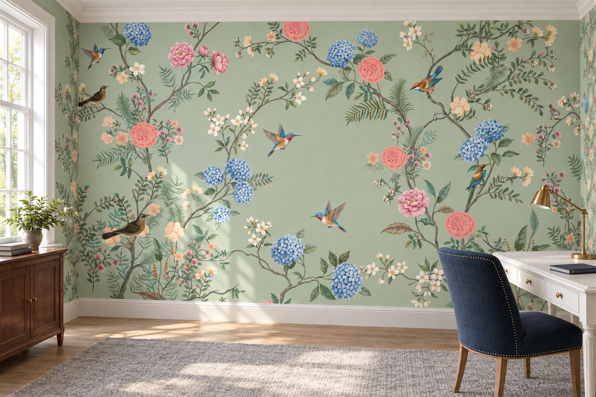 Sage Botanical Botanical Wallpaper Mural Office-wallpaper-murals, Shown In A Home Office, Peel-and-stick Finish