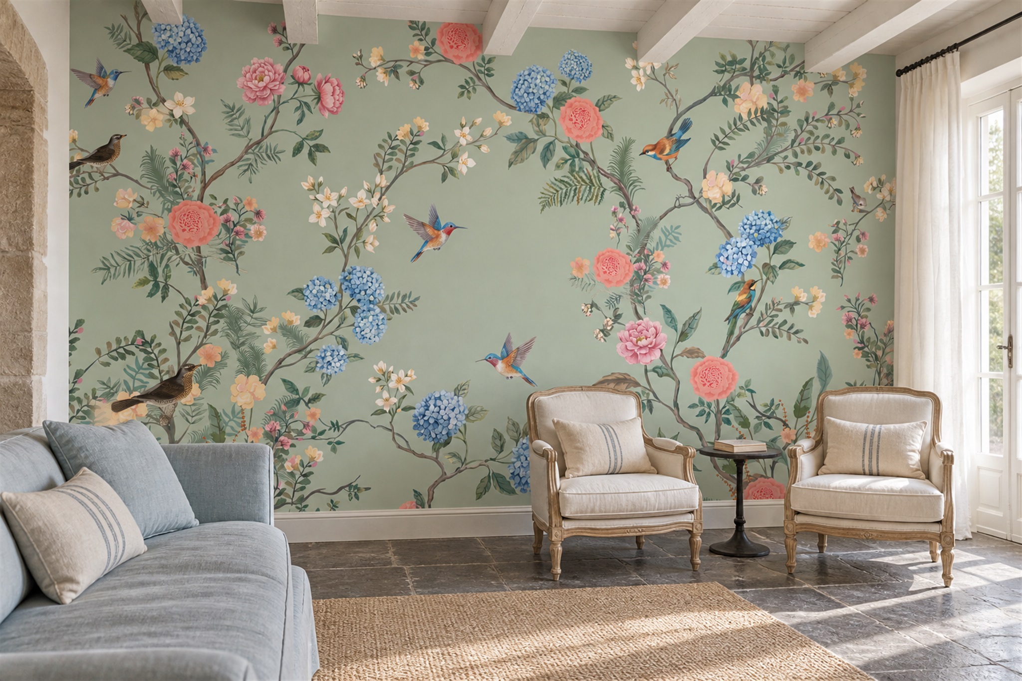 Sage Botanical Botanical Wallpaper Mural Accent-wall-wallpaper-murals, Peel-and-stick Finish