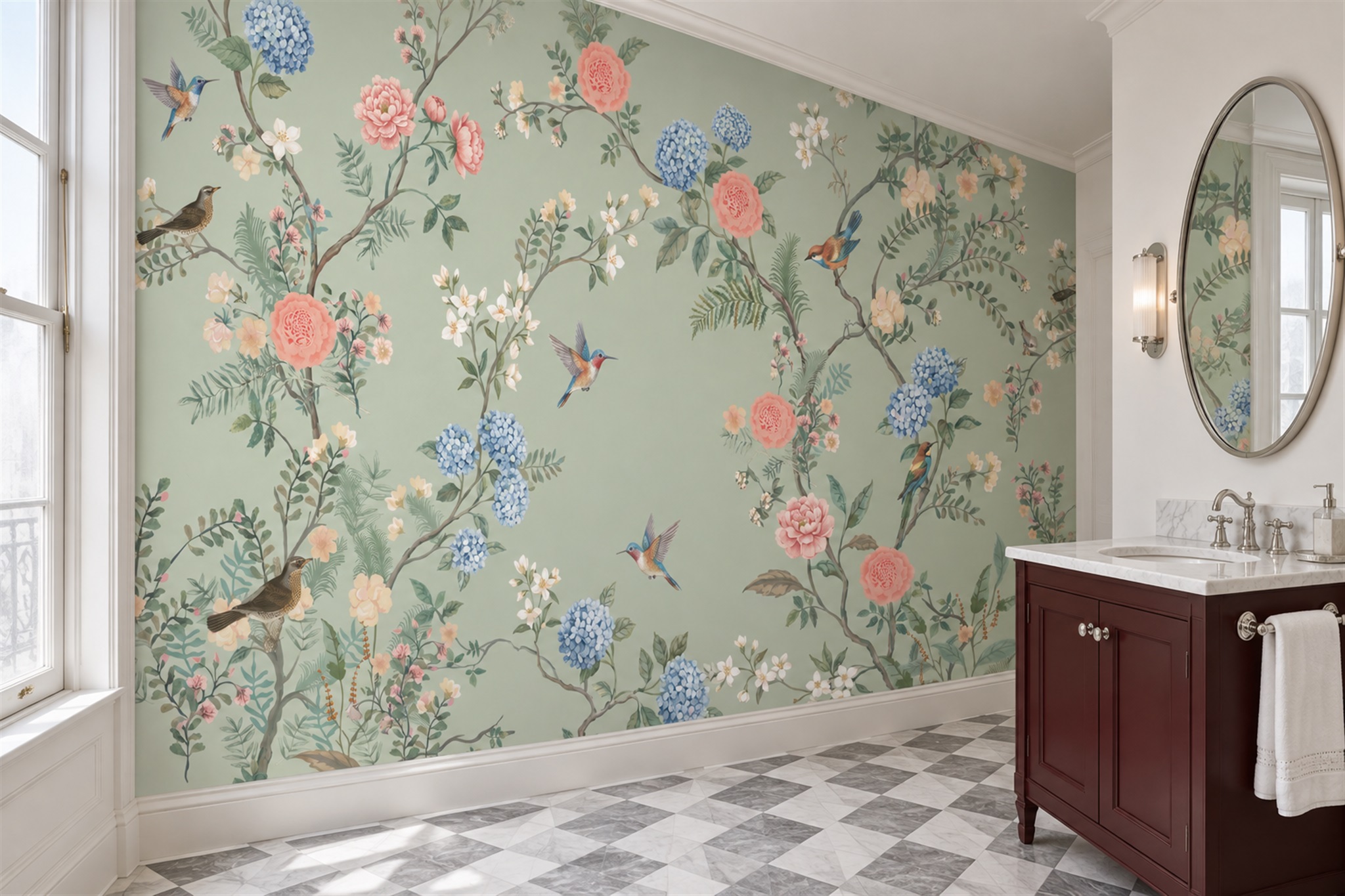 Sage Botanical Botanical Wallpaper Mural Powder-room-wallpaper-murals, Peel-and-stick Finish