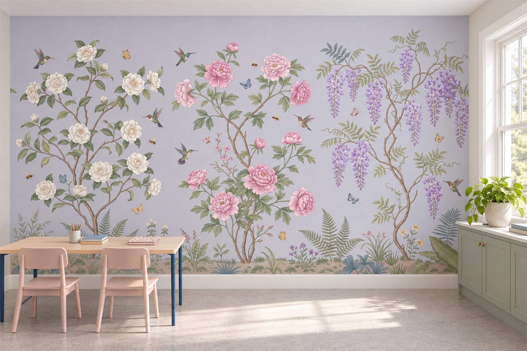 Lilac Blossom Botanical Wallpaper Mural Office-wallpaper-murals, Shown In A Home Office, Peel-and-stick Finish
