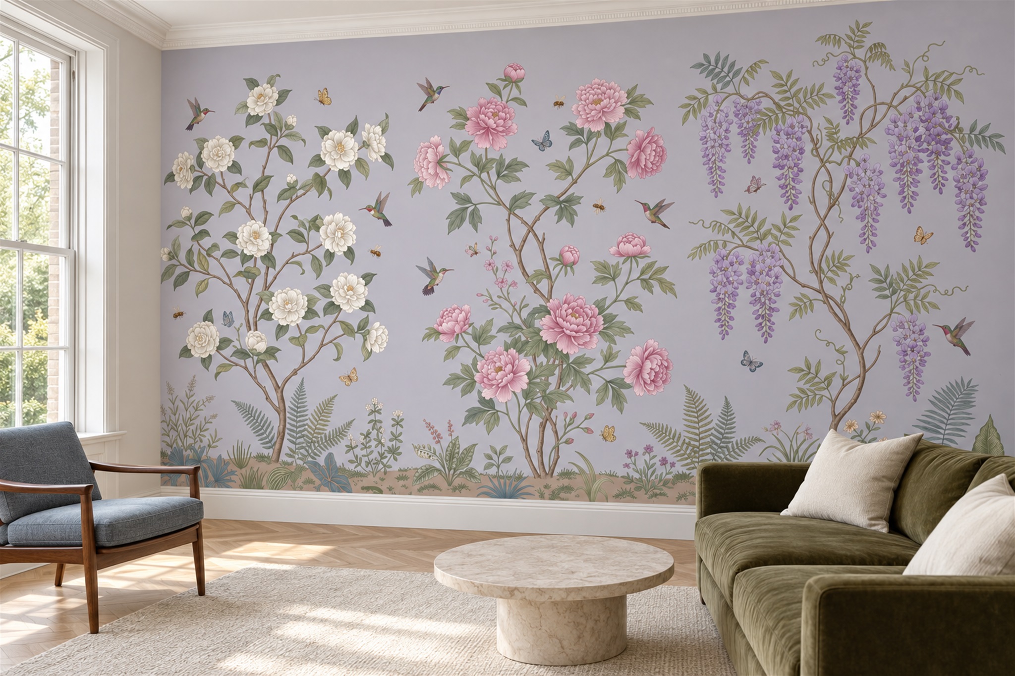 Lilac Blossom Botanical Wallpaper Mural Accent-wall-wallpaper-murals, Peel-and-stick Finish