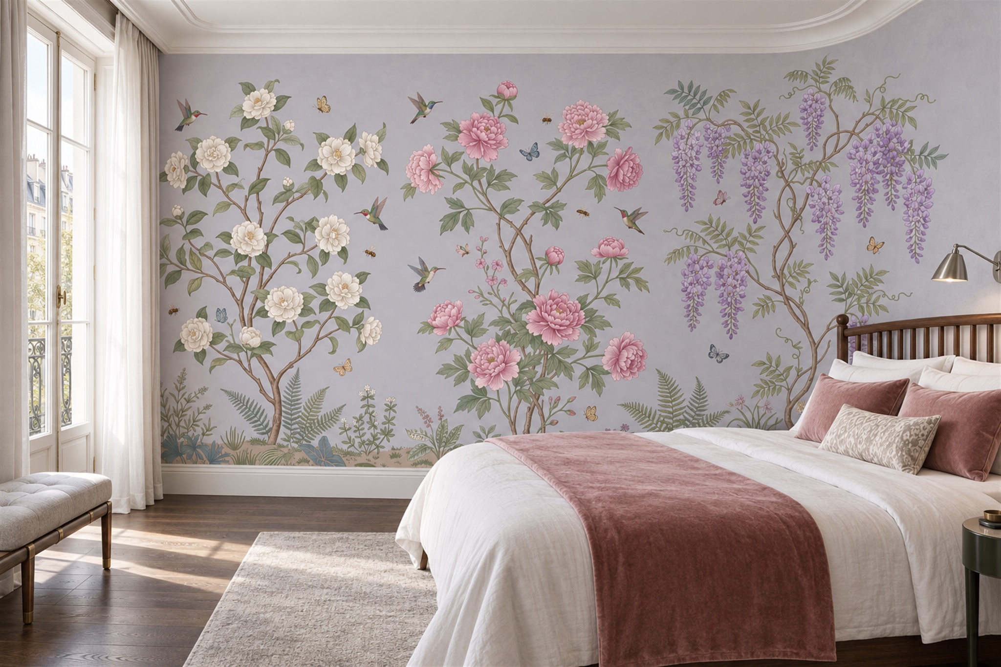Lilac Blossom Botanical Wallpaper Mural Bedroom-wallpaper-murals, Peel-and-stick Finish