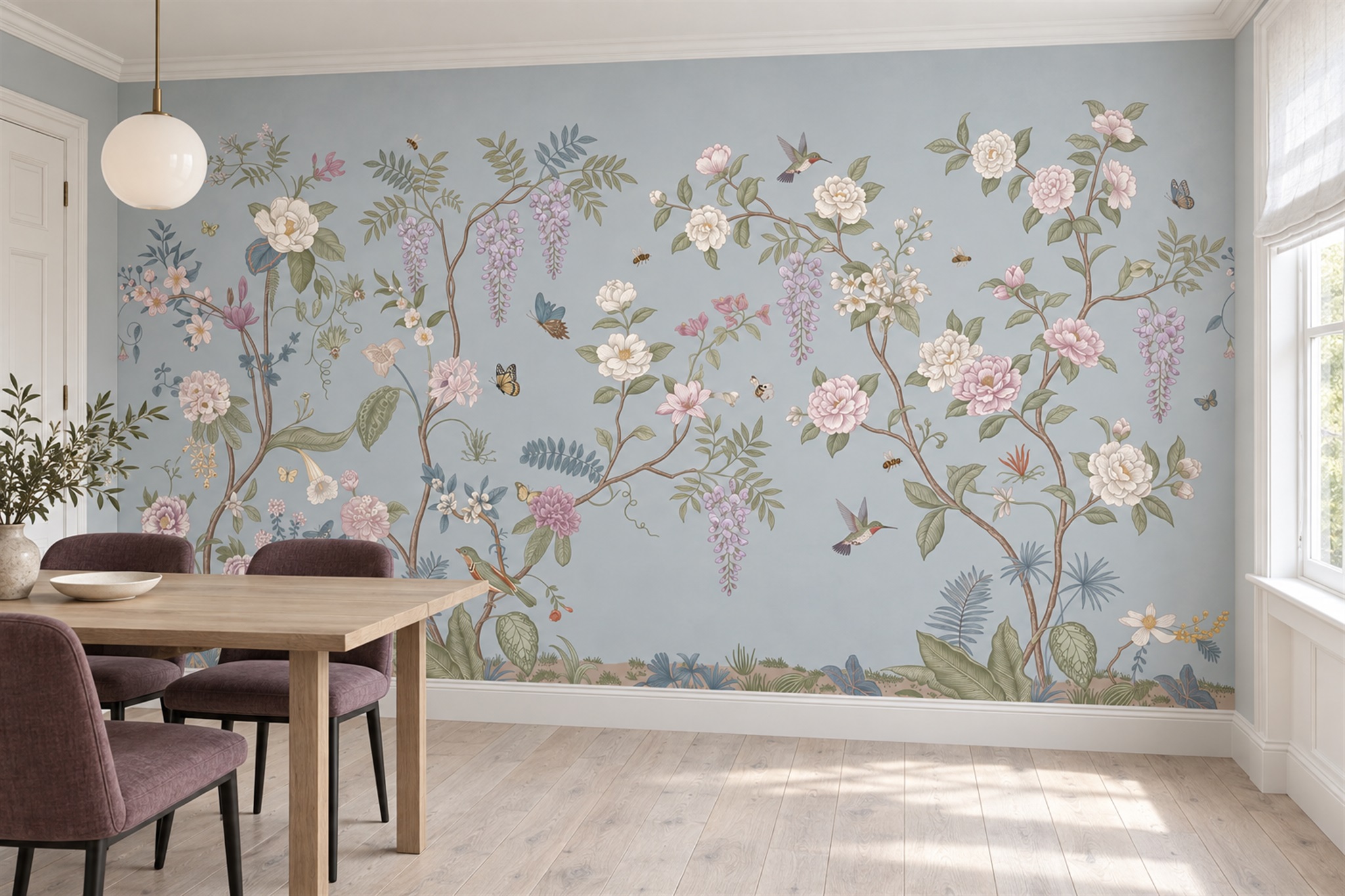 Blue Floral Botanical Wallpaper Mural Dining-room-wallpaper-murals, Peel-and-stick Finish