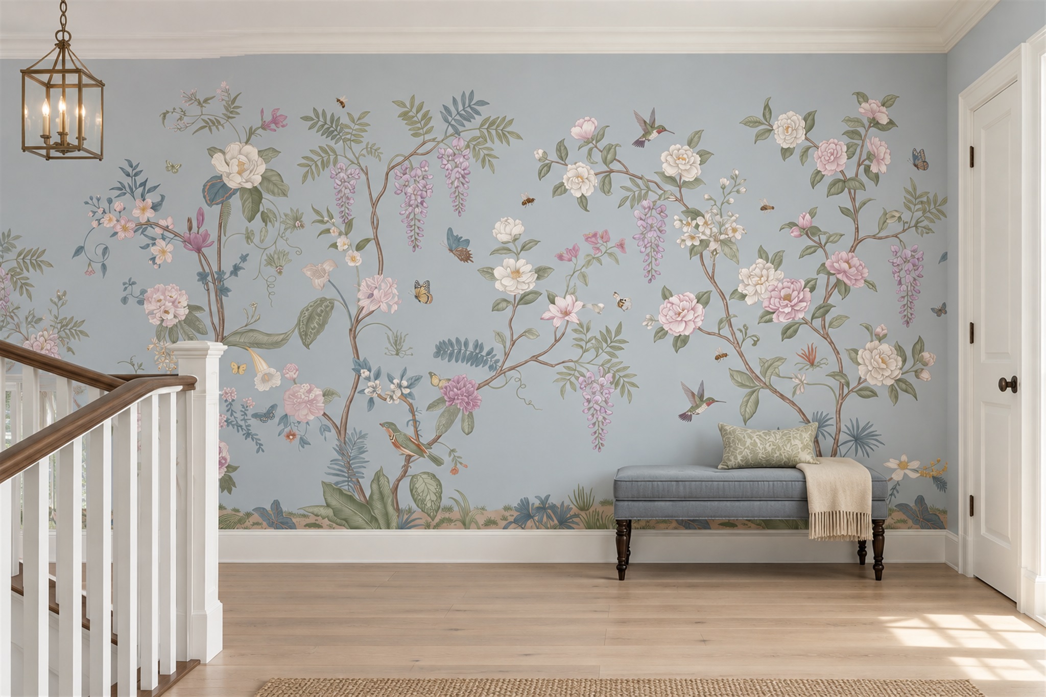 Blue Floral Botanical Wallpaper Mural Accent-wall-wallpaper-murals, Peel-and-stick Finish