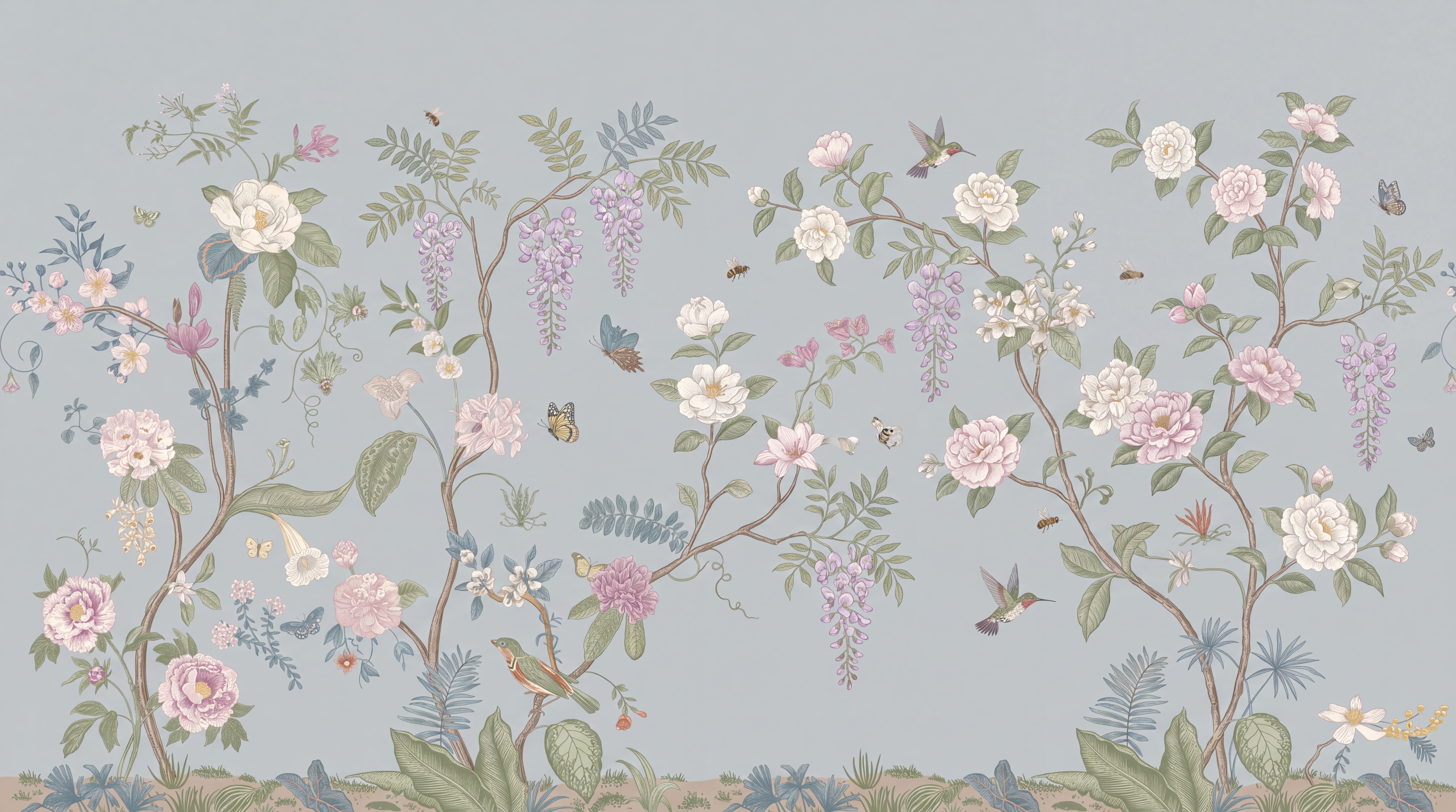 Blue Floral Botanical Wallpaper Mural, Peel-and-stick Finish