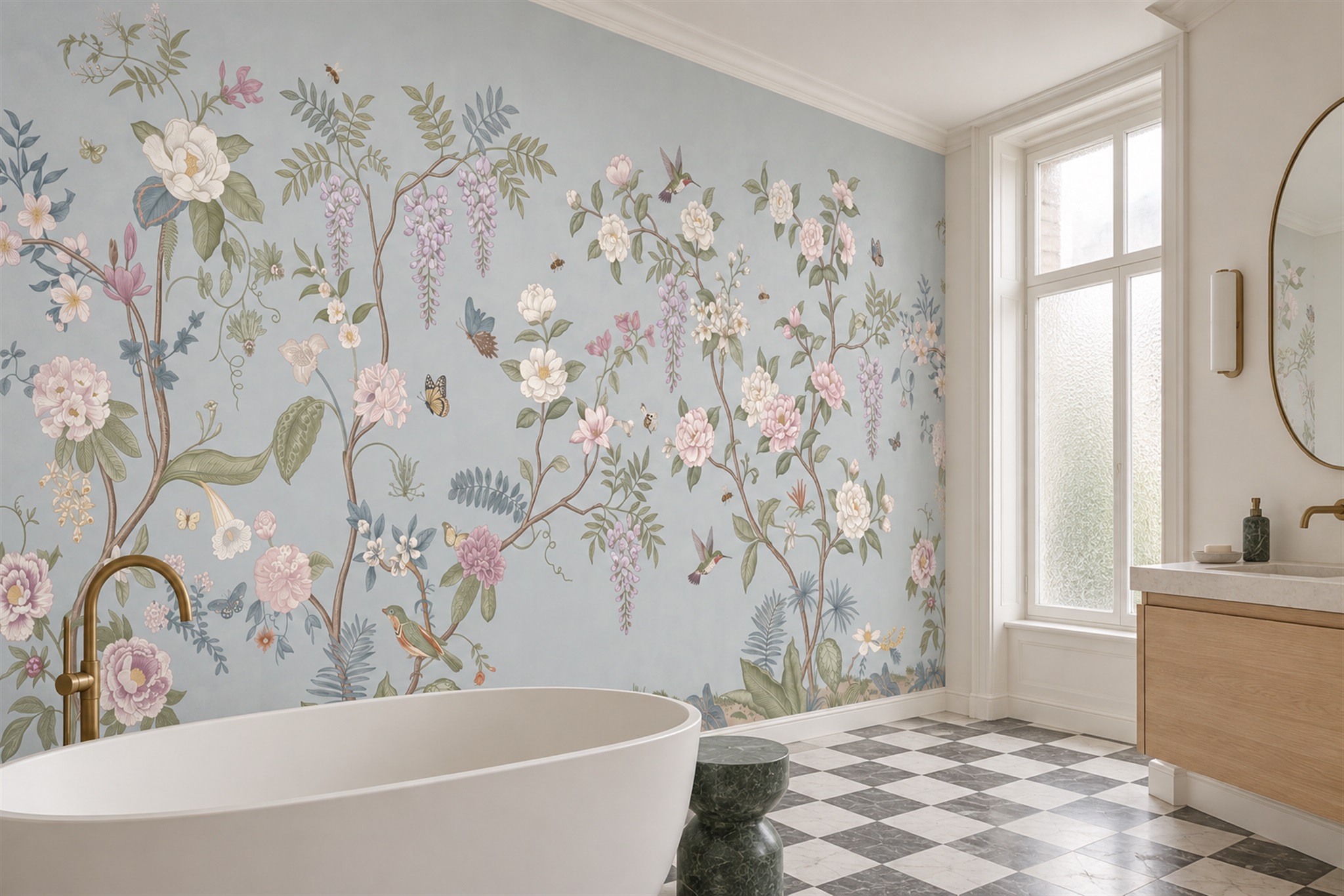 Blue Floral Botanical Wallpaper Mural Dining-room-wallpaper-murals, Peel-and-stick Finish