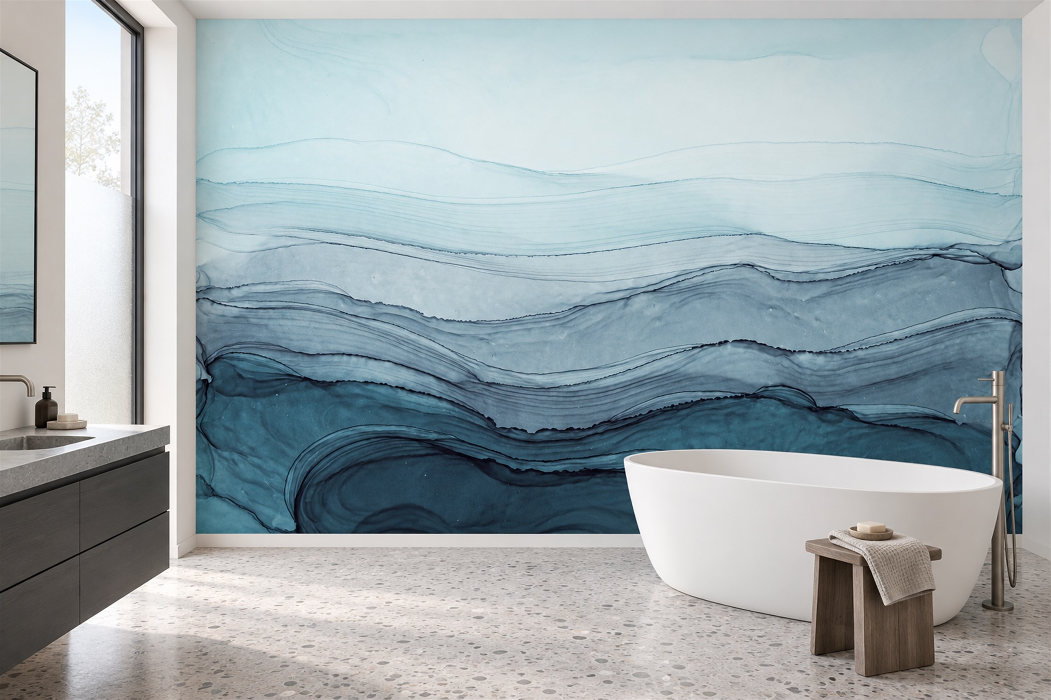 Blue Pattern Decorative Wallpaper Mural Layered Bathroom-wallpaper-murals, Peel-and-stick Finish