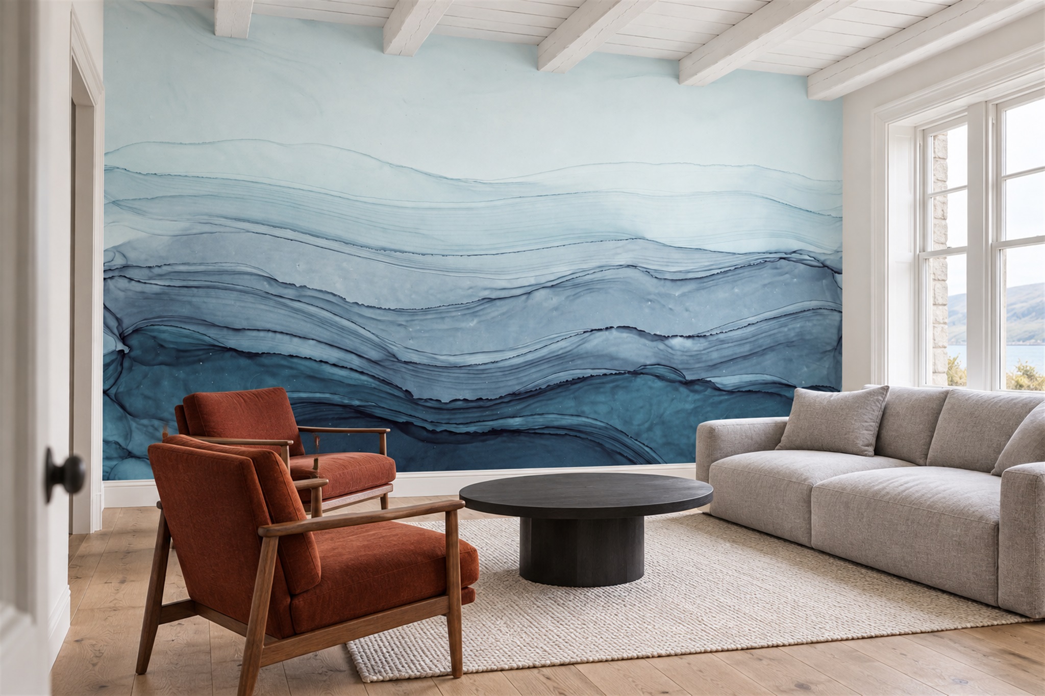 Pale Blue Layered Watercolour Strata Wallpaper Mural — Wallpaper Mural Design, Peel-and-stick Finish