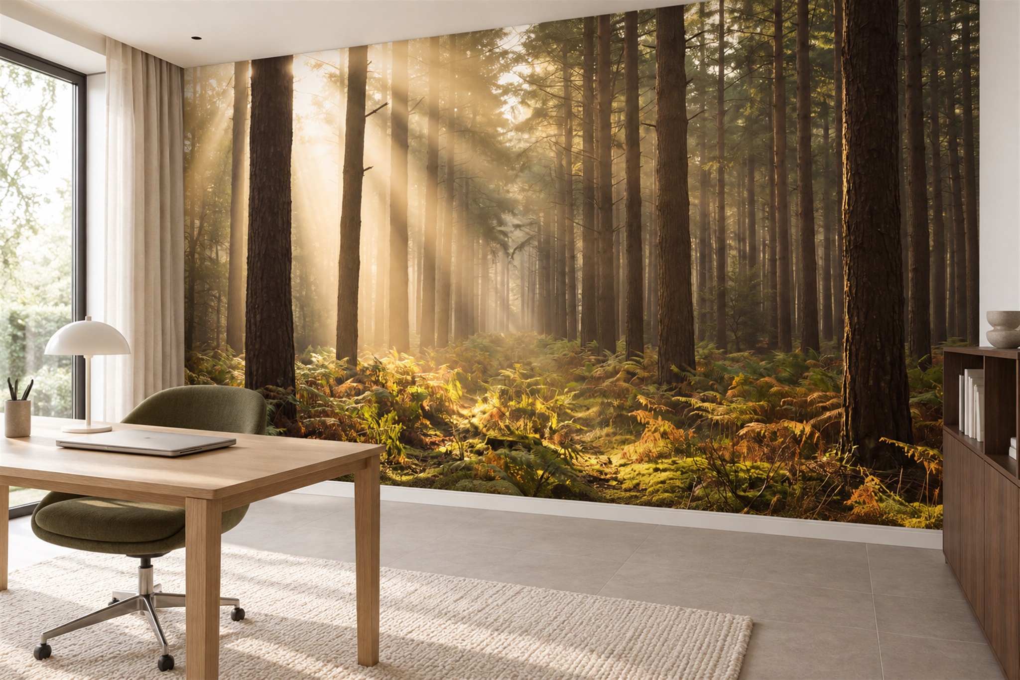 Golden Sunlight In A Fern Forest Wallpaper Mural — Installed Wallpaper Mural In A Home Office, Peel-and-stick Finish