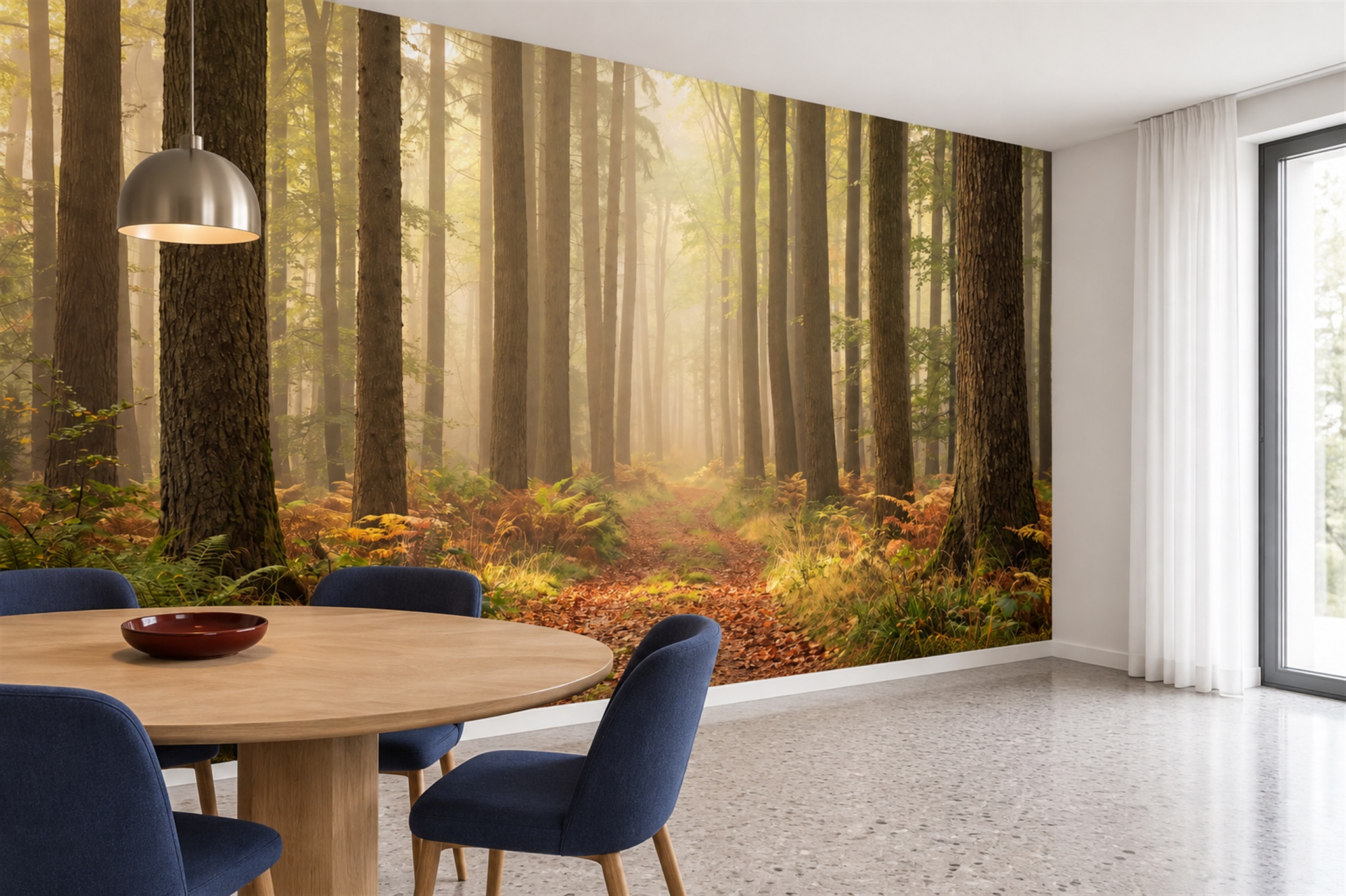 Gold Woodland Scenic Wallpaper Mural Dining-room-wallpaper-murals, Shown In A Dining Room, Peel-and-stick Finish