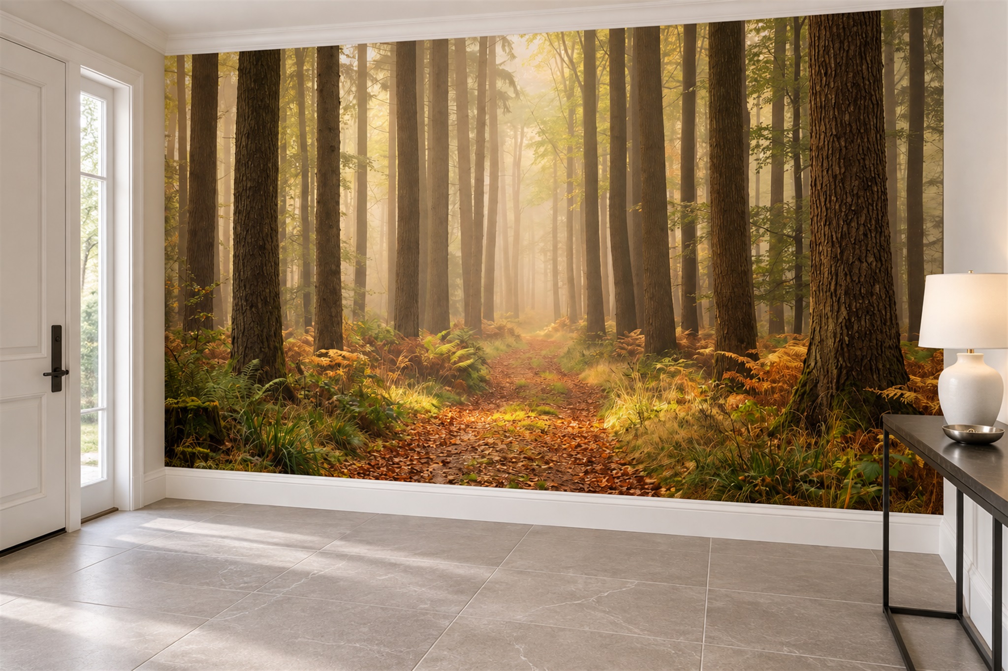 Golden Forest Path Through Misty Woodland Wallpaper Mural — Installed Wallpaper Mural In A Entryway, Peel-and-stick Finish