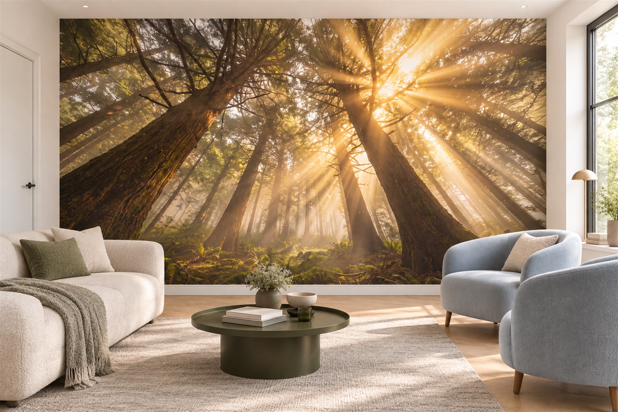 Sunbeams Through A Forest Canopy Wallpaper Mural — Wallpaper Mural Design, Peel-and-stick Finish