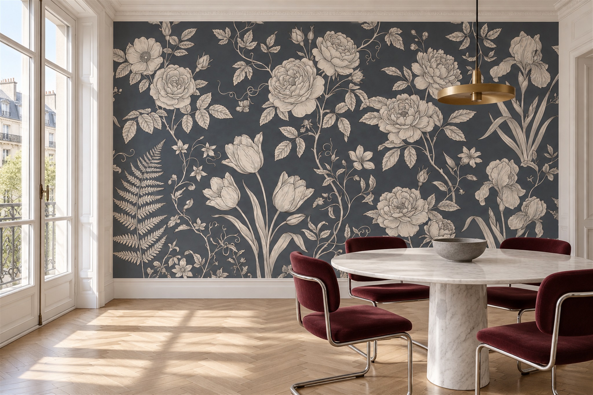 Navy Vintage Artful Floral Wallpaper Mural Dining-room-wallpaper-murals, Shown In A Dining Room, Peel-and-stick Finish