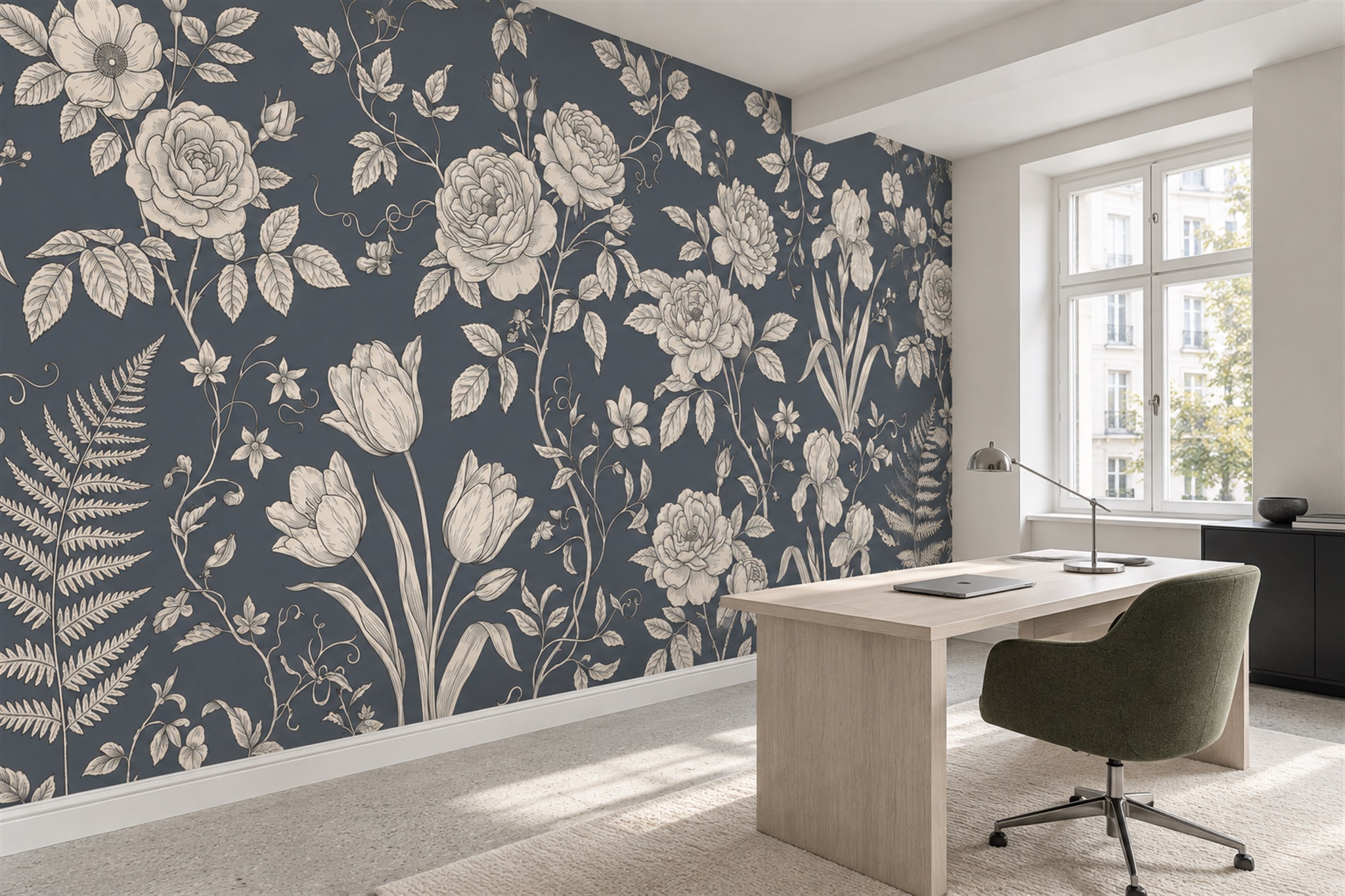 Navy Vintage Artful Floral Wallpaper Mural Office-wallpaper-murals, Shown In A Home Office, Peel-and-stick Finish