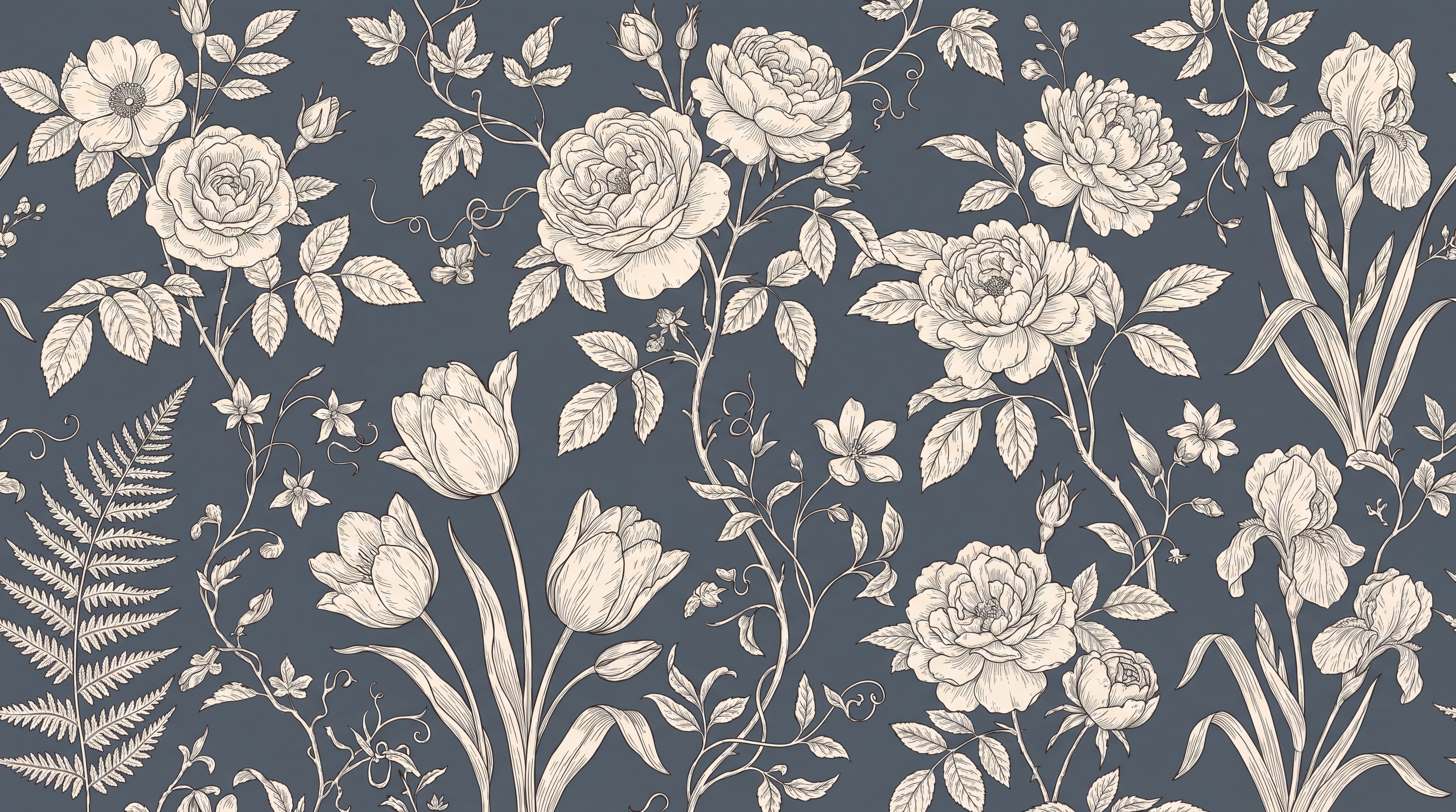 Navy Vintage Artful Floral Wallpaper Mural Office-wallpaper-murals, Shown In A Home Office, Peel-and-stick Finish