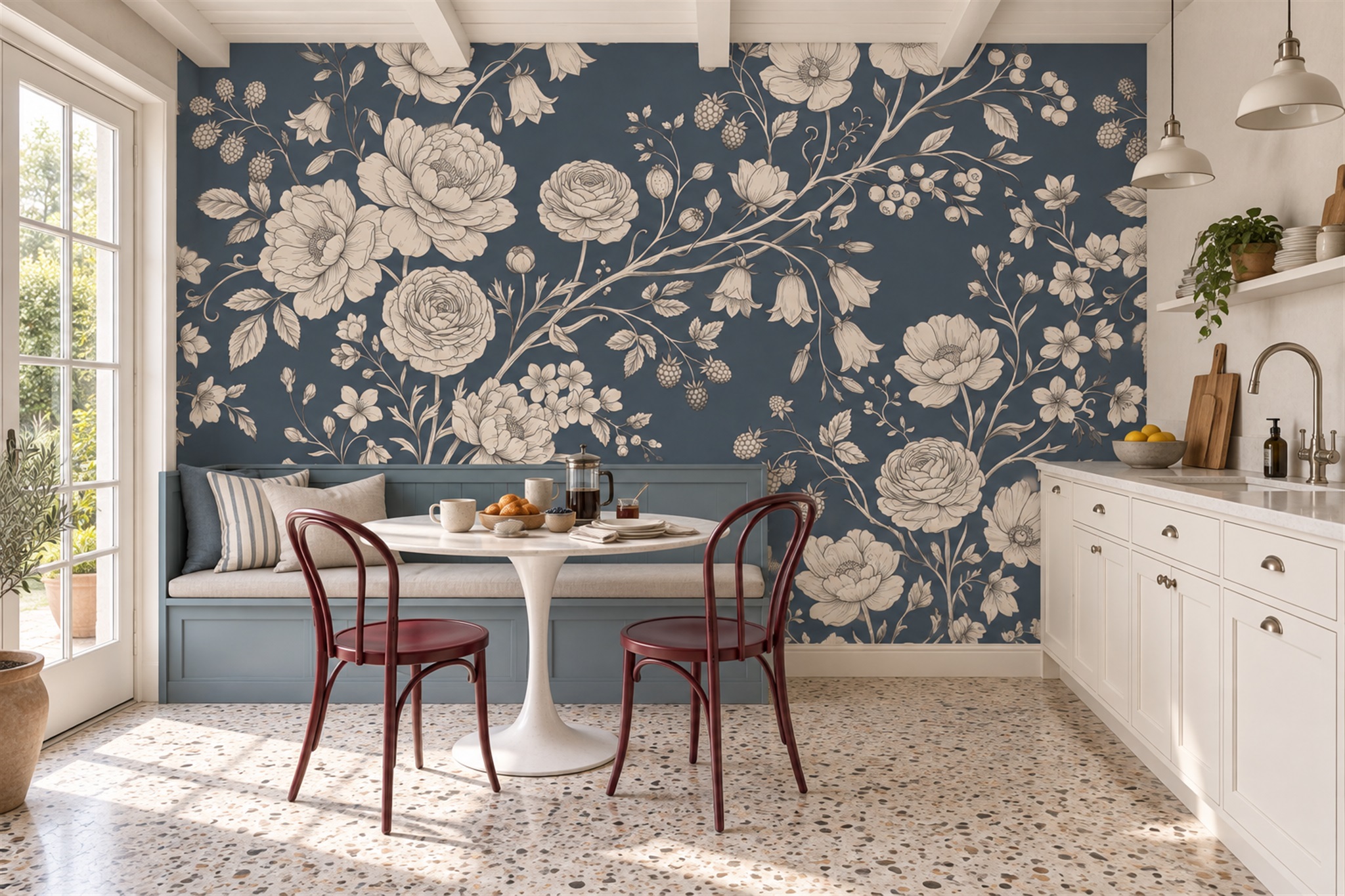 Navy Rose Botanical Wallpaper Mural Dining-room-wallpaper-murals, Shown In A Dining Room, Peel-and-stick Finish