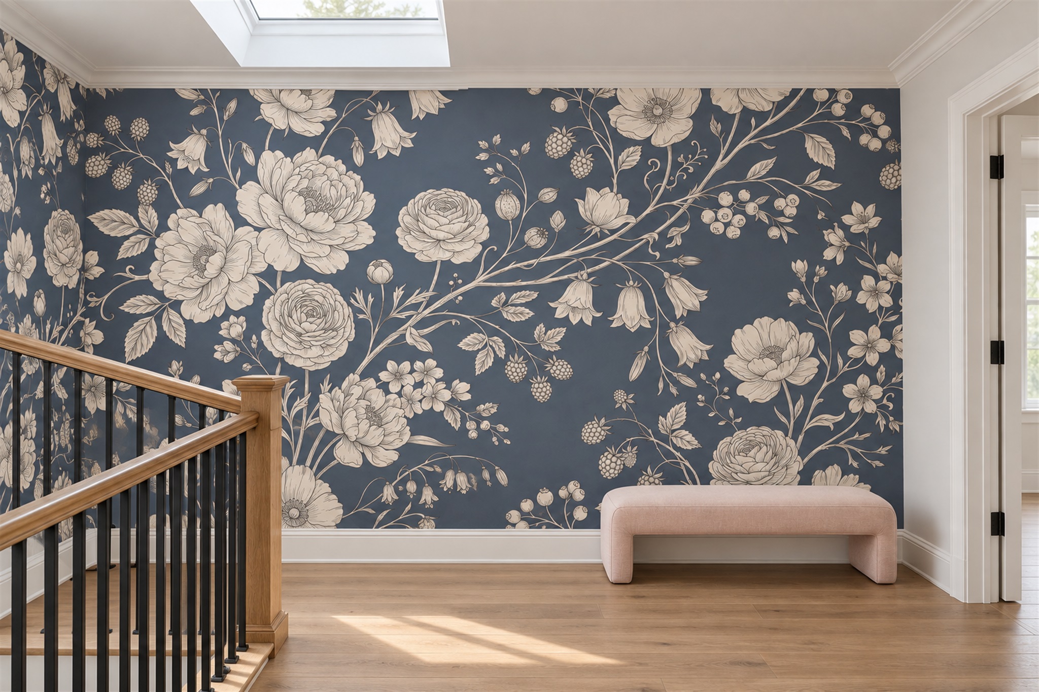 Navy Rose Botanical Wallpaper Mural Hallway-wallpaper-murals, Peel-and-stick Finish