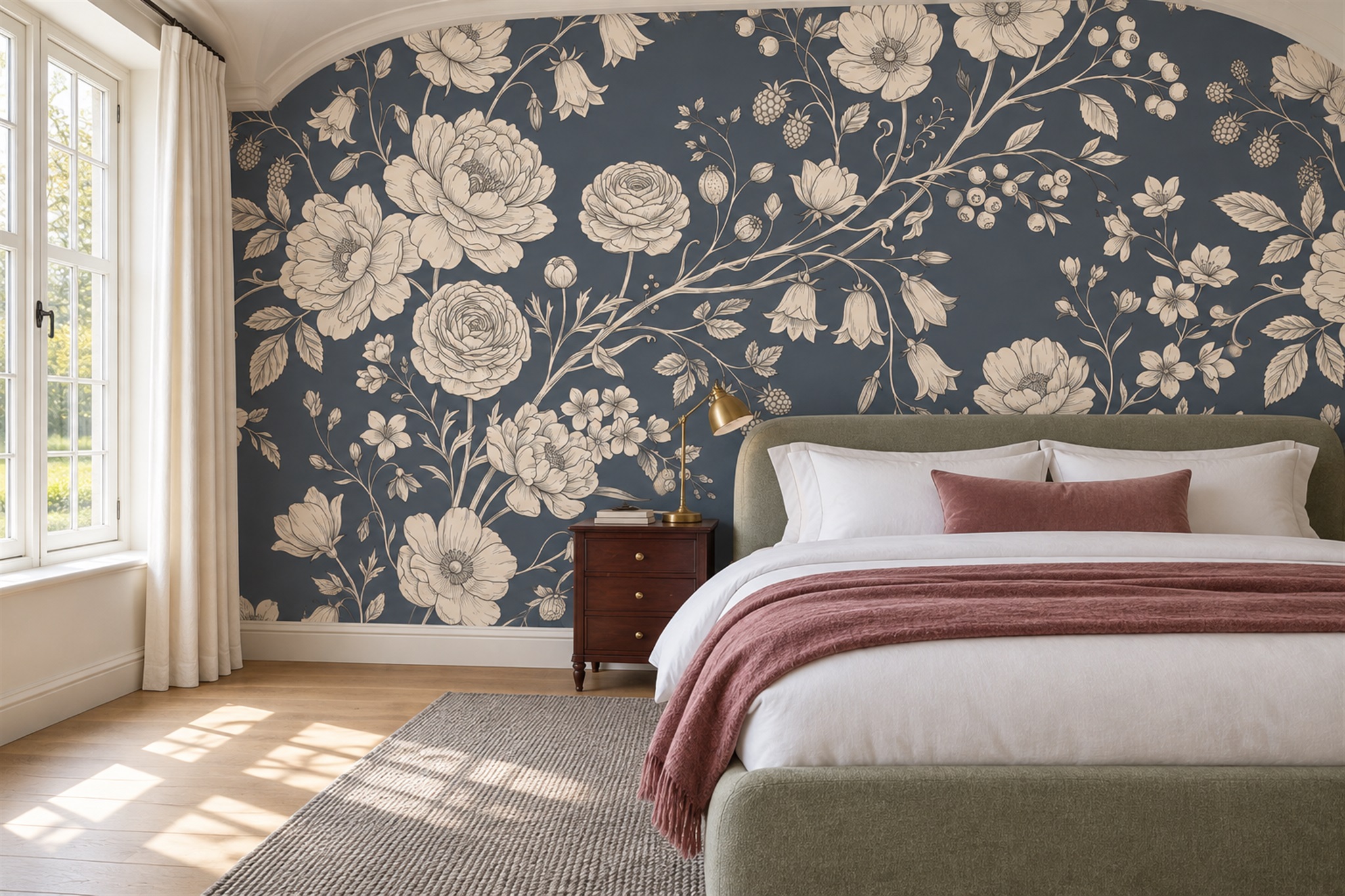 Navy Rose Botanical Wallpaper Mural Bedroom-wallpaper-murals, Peel-and-stick Finish