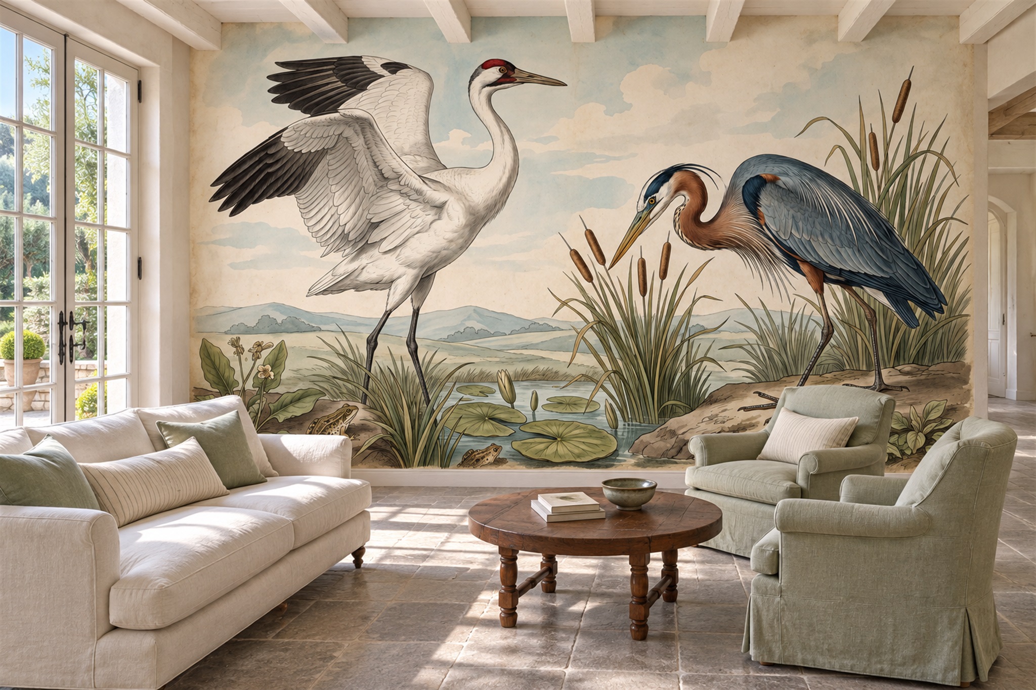 Blue Heron Illustrated Wallpaper Mural, Peel-and-stick Finish