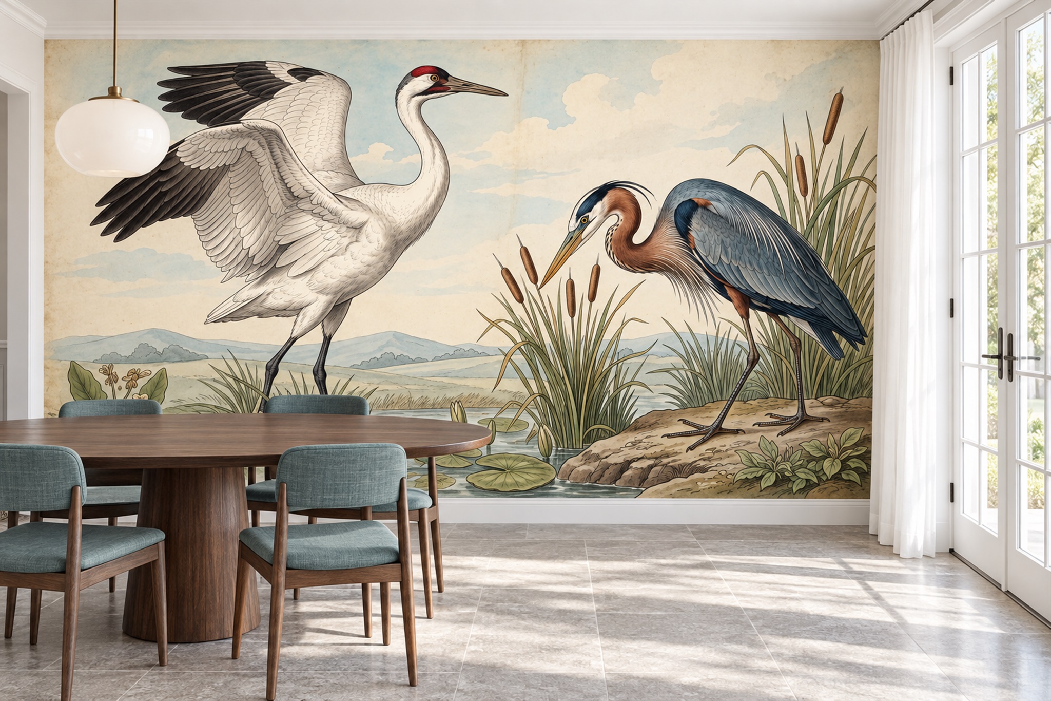 Blue Heron Illustrated Wallpaper Mural Office-wallpaper-murals, Shown In A Home Office, Peel-and-stick Finish
