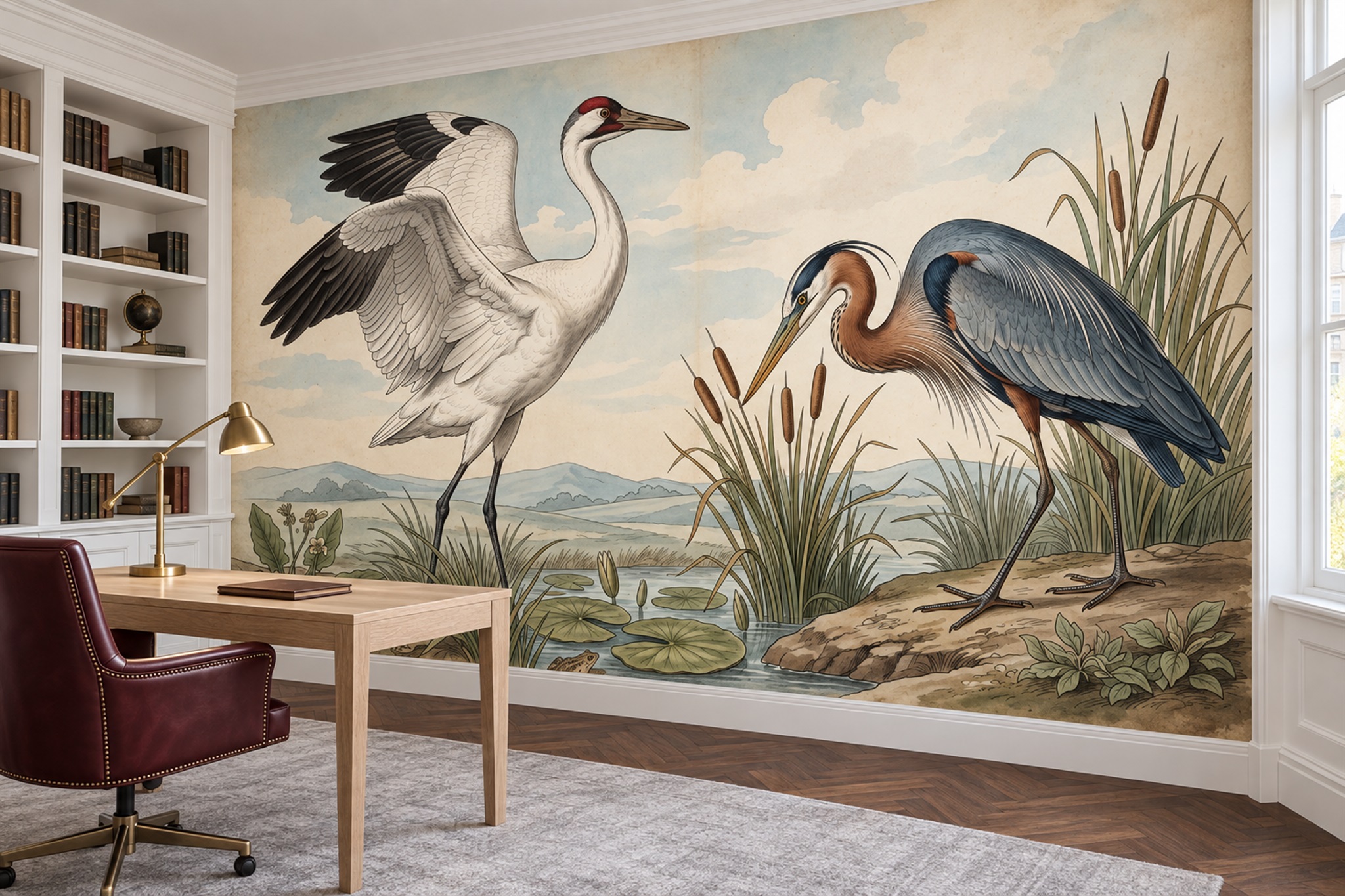 Herons In A Water Lily Marsh Wallpaper Mural — Installed Wallpaper Mural In A Home Office, Peel-and-stick Finish