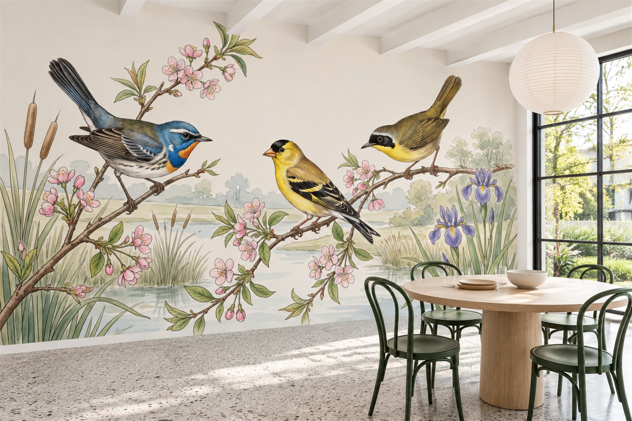 Colourful Marsh Birds And Cherry Blossoms Wallpaper Mural — Wallpaper Mural Design, Peel-and-stick Finish