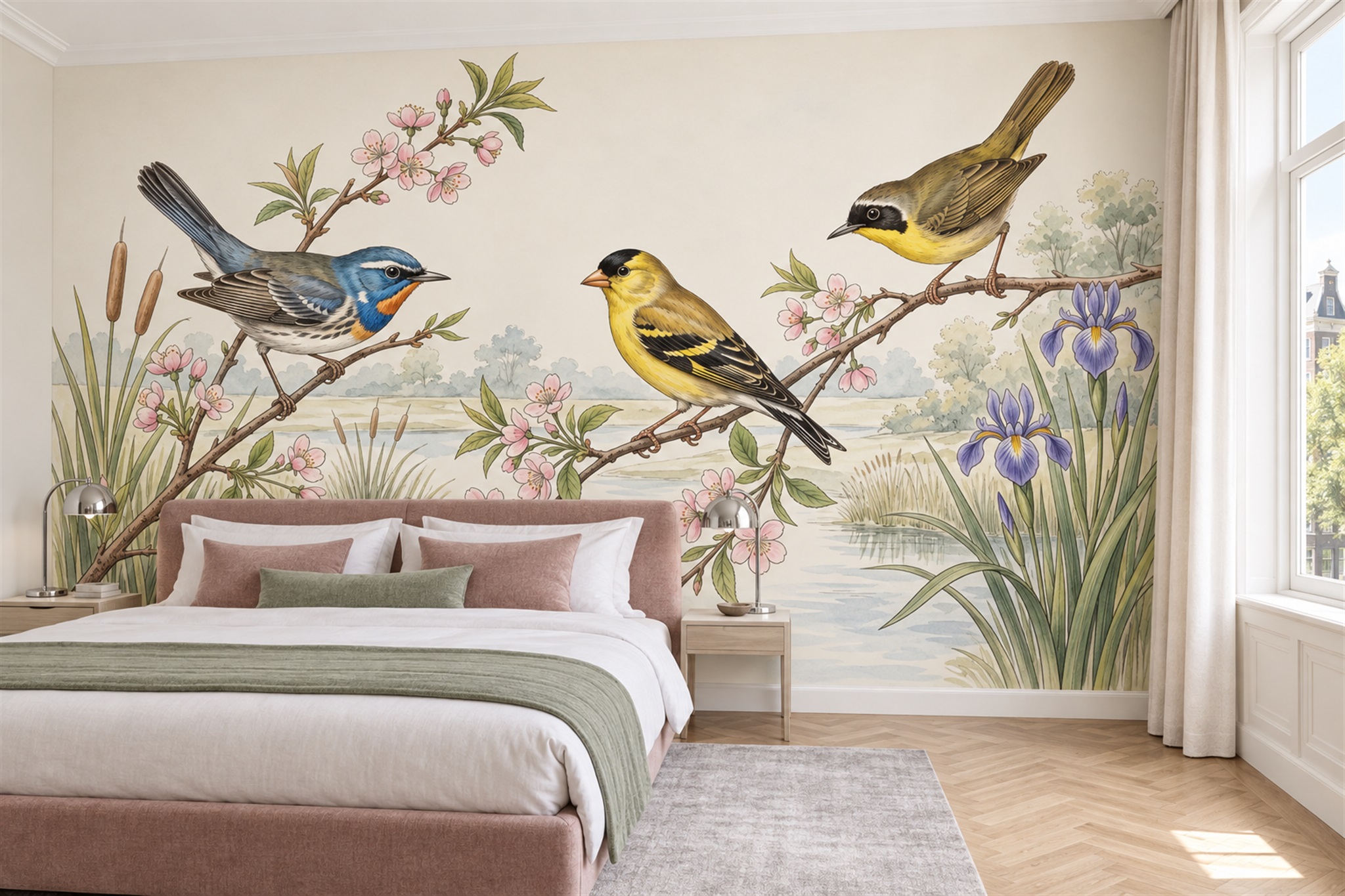 Gold Botanical Botanical Wallpaper Mural Dining-room-wallpaper-murals, Peel-and-stick Finish