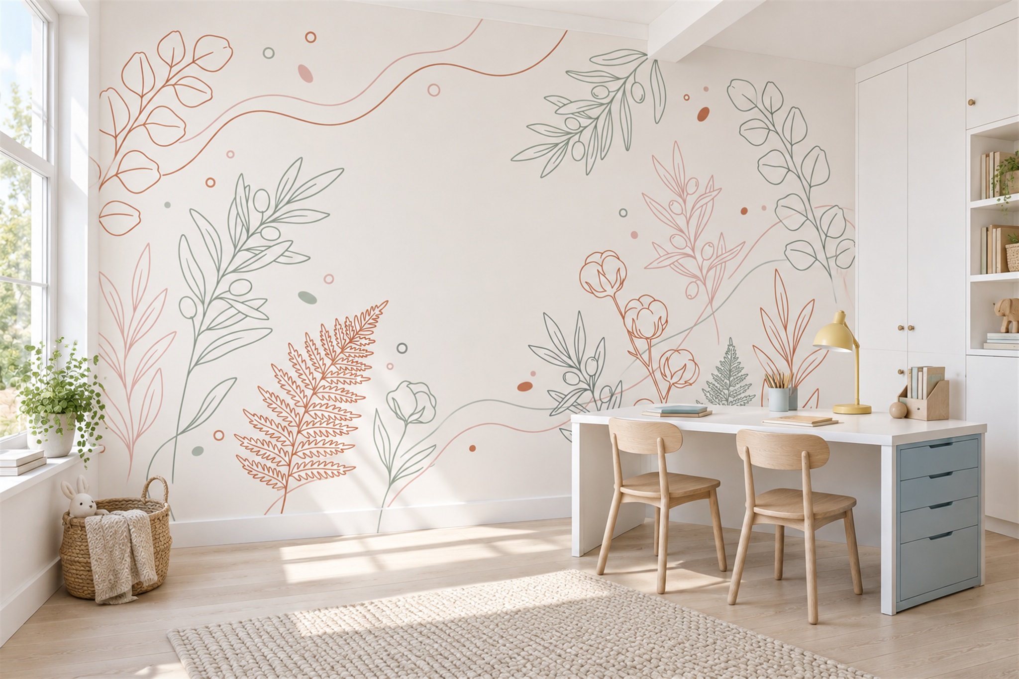 Blush Linear Abstract Wallpaper Mural Office-wallpaper-murals, Shown In A Home Office, Peel-and-stick Finish