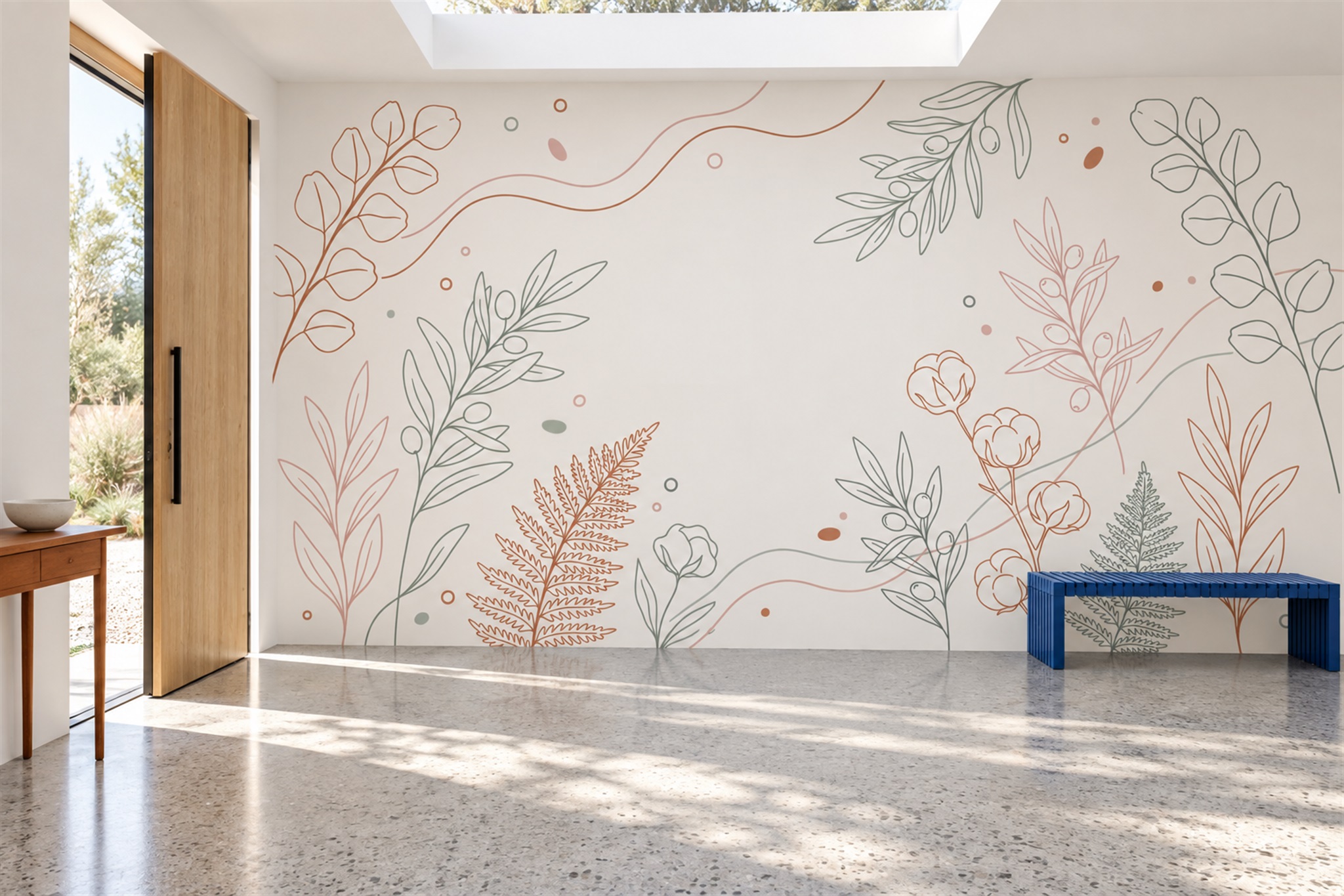 Fine-line Botanical Stems In Blush And Sage Wallpaper Mural — Installed Wallpaper Mural In A Entryway, Peel-and-stick Finish