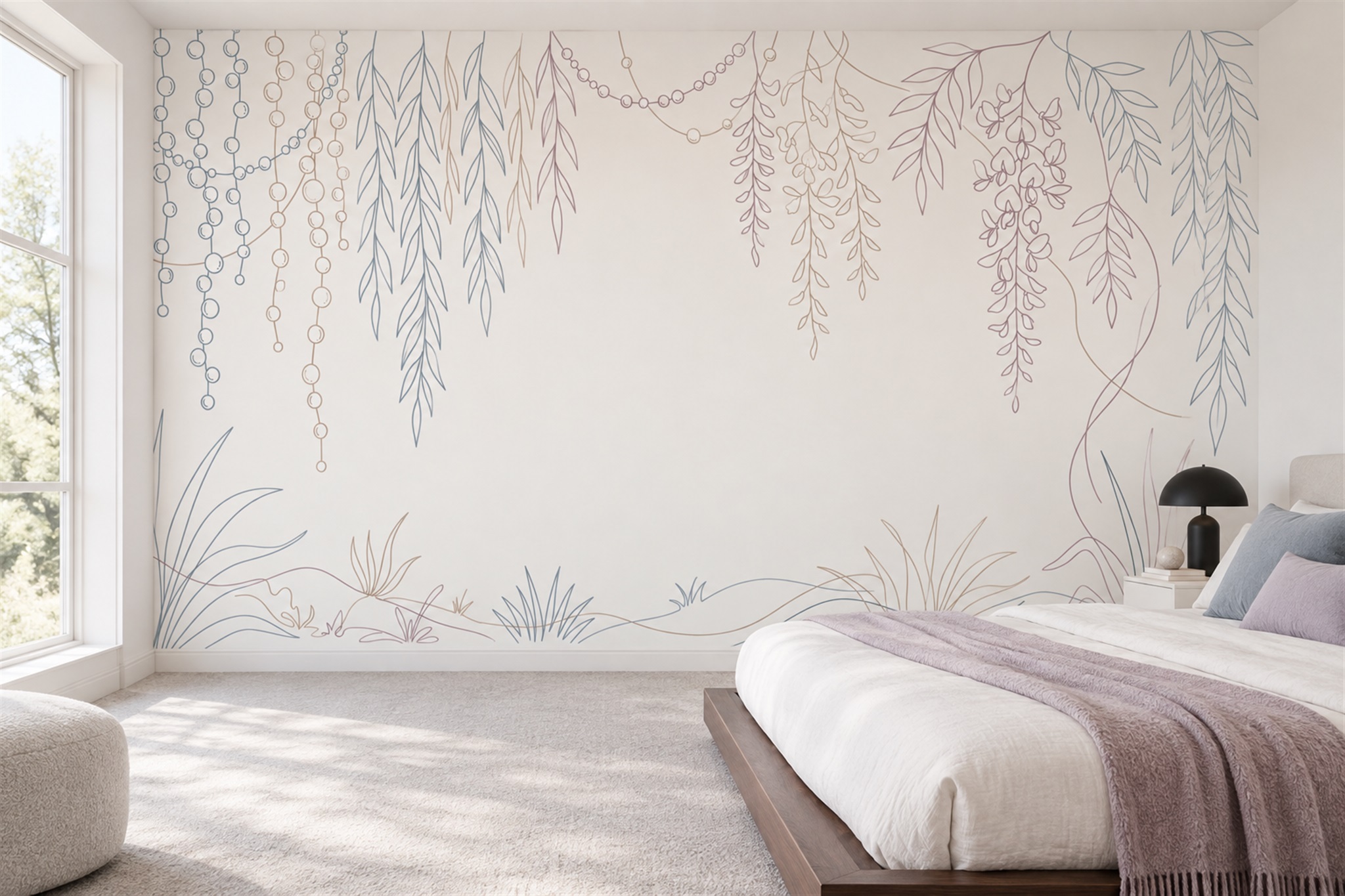 Ivory Vine Botanical Wallpaper Mural Bedroom-wallpaper-murals, Peel-and-stick Finish