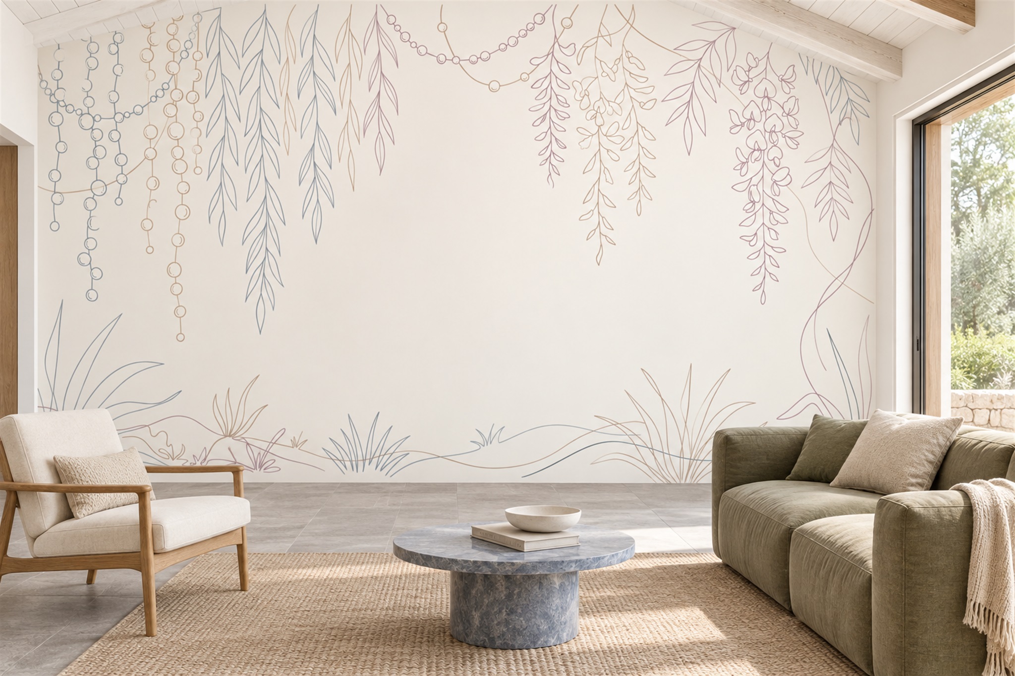 Fine Line Hanging Vines On Ivory Wallpaper Mural — Wallpaper Mural Design, Peel-and-stick Finish
