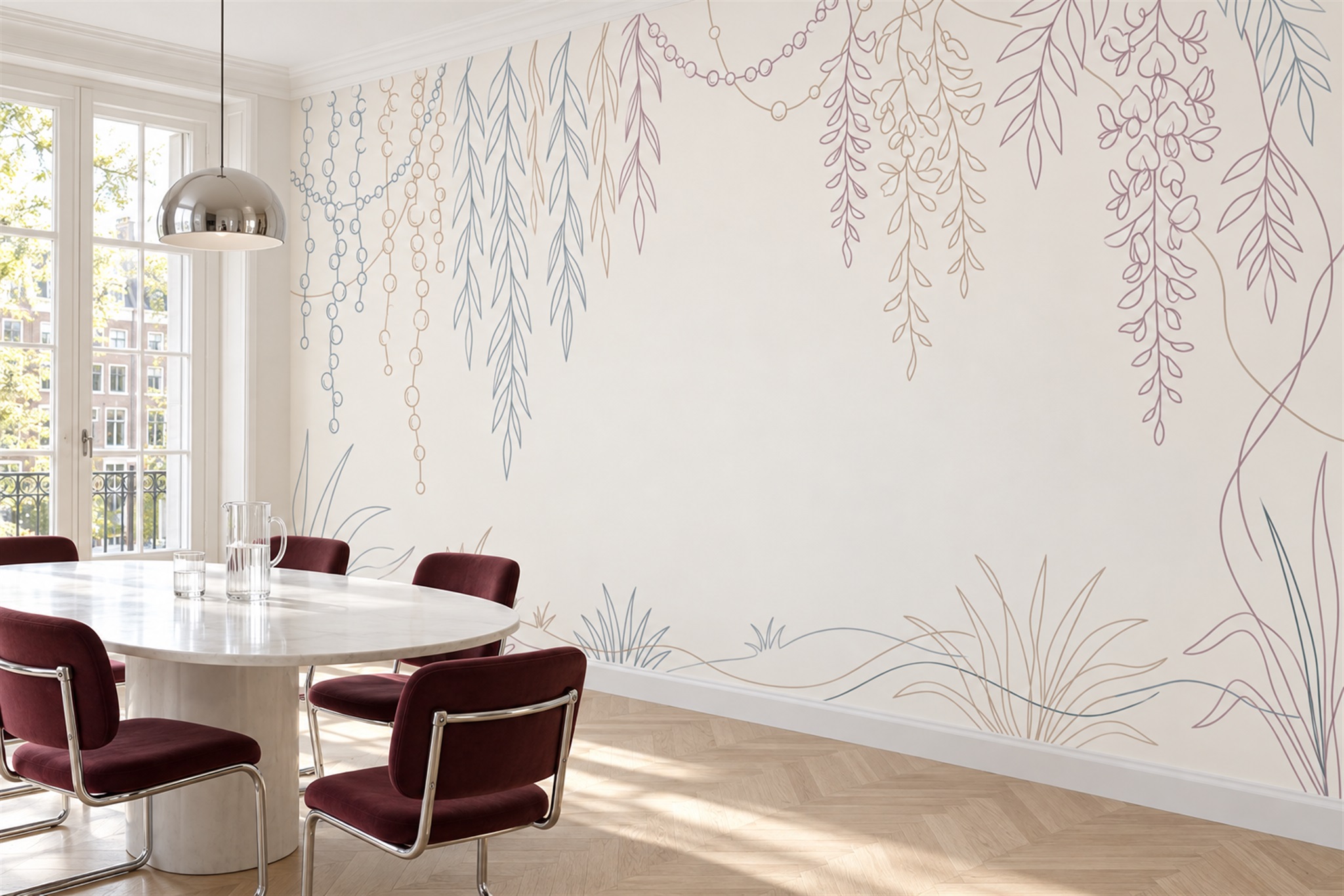 Ivory Vine Botanical Wallpaper Mural Feature-wall-wallpaper-murals, Peel-and-stick Finish