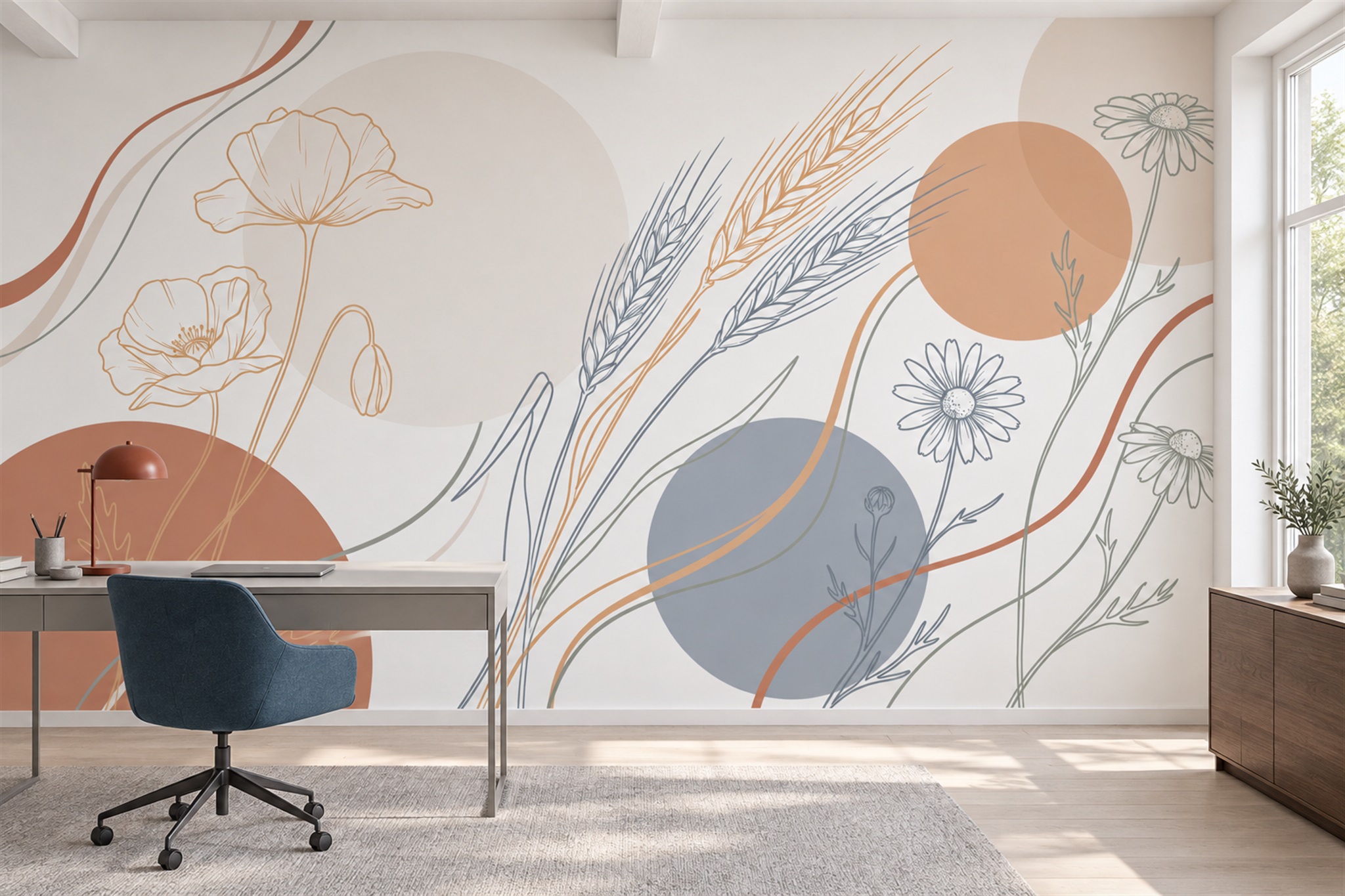 Wildflowers And Soft Geometric Shapes Wallpaper Mural — Installed Wallpaper Mural In A Home Office, Peel-and-stick Finish