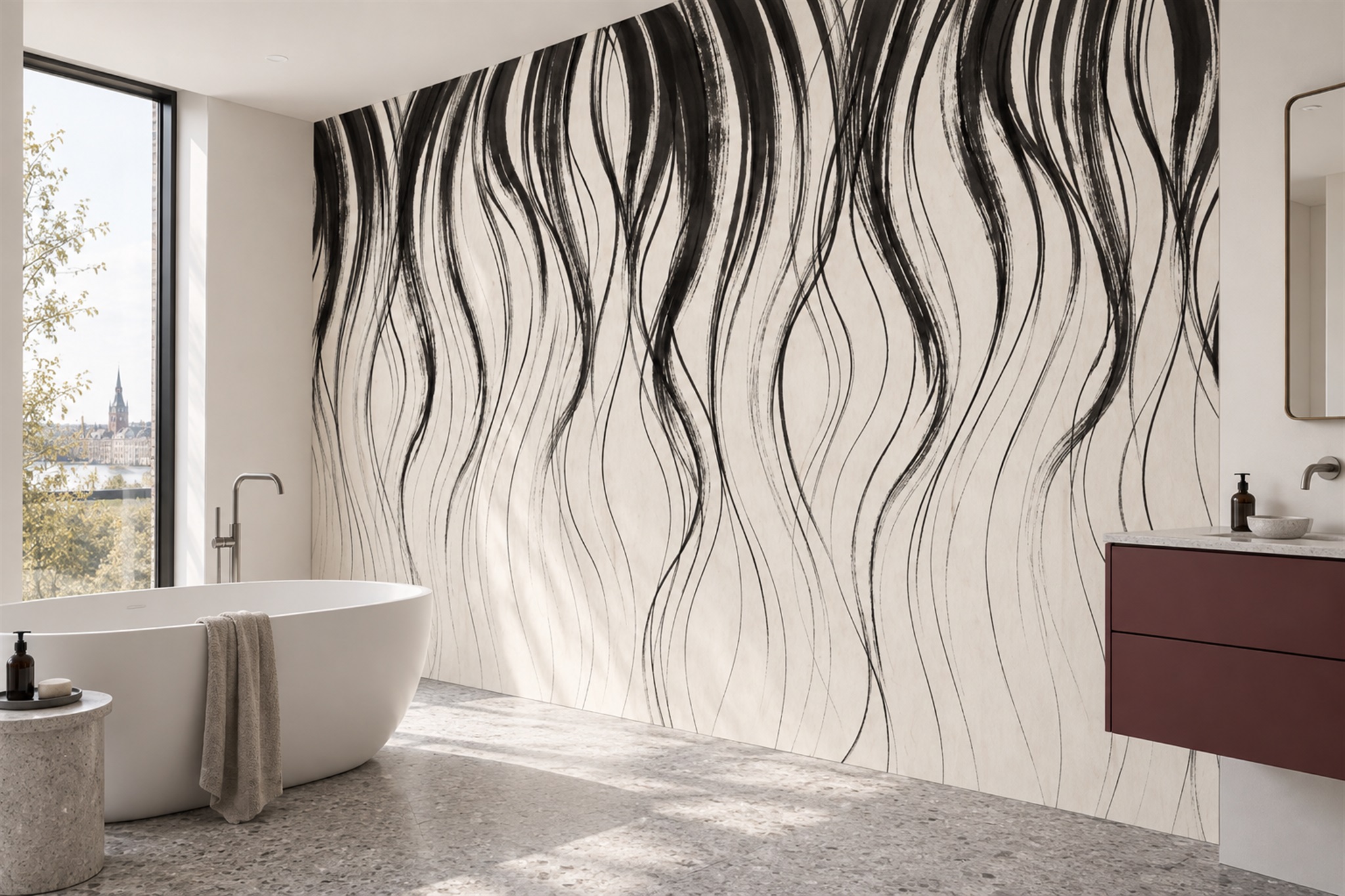 Black Waves Artful Wallpaper Mural Bathroom-wallpaper-murals, Peel-and-stick Finish