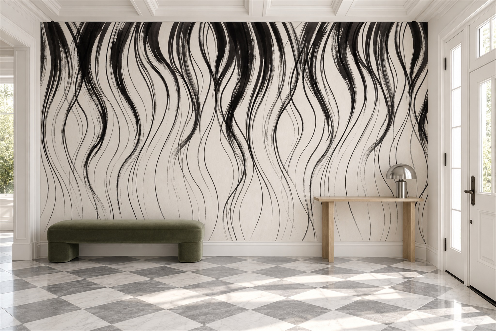Black Waves Artful Wallpaper Mural Bathroom-wallpaper-murals, Peel-and-stick Finish