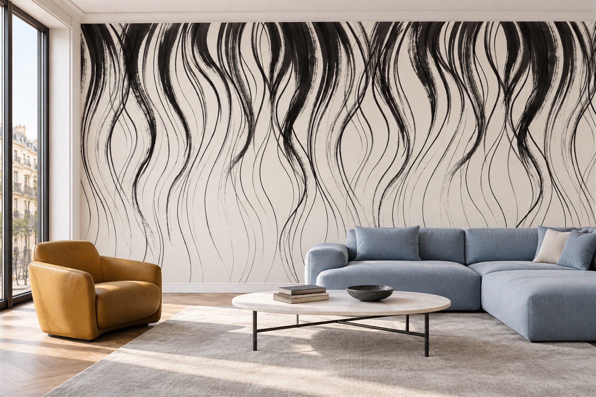 Black Waves Artful Wallpaper Mural Living-room-wallpaper-murals, Peel-and-stick Finish