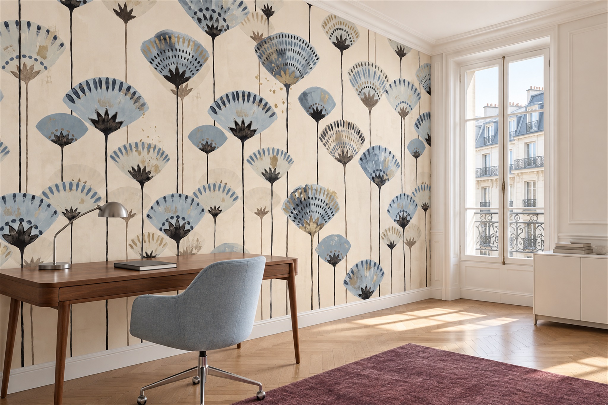 Blue Pattern Decorative Wallpaper Mural Layered Organic Wallpaper Mural Dining-room-wallpaper-murals, Peel-and-stick Finish