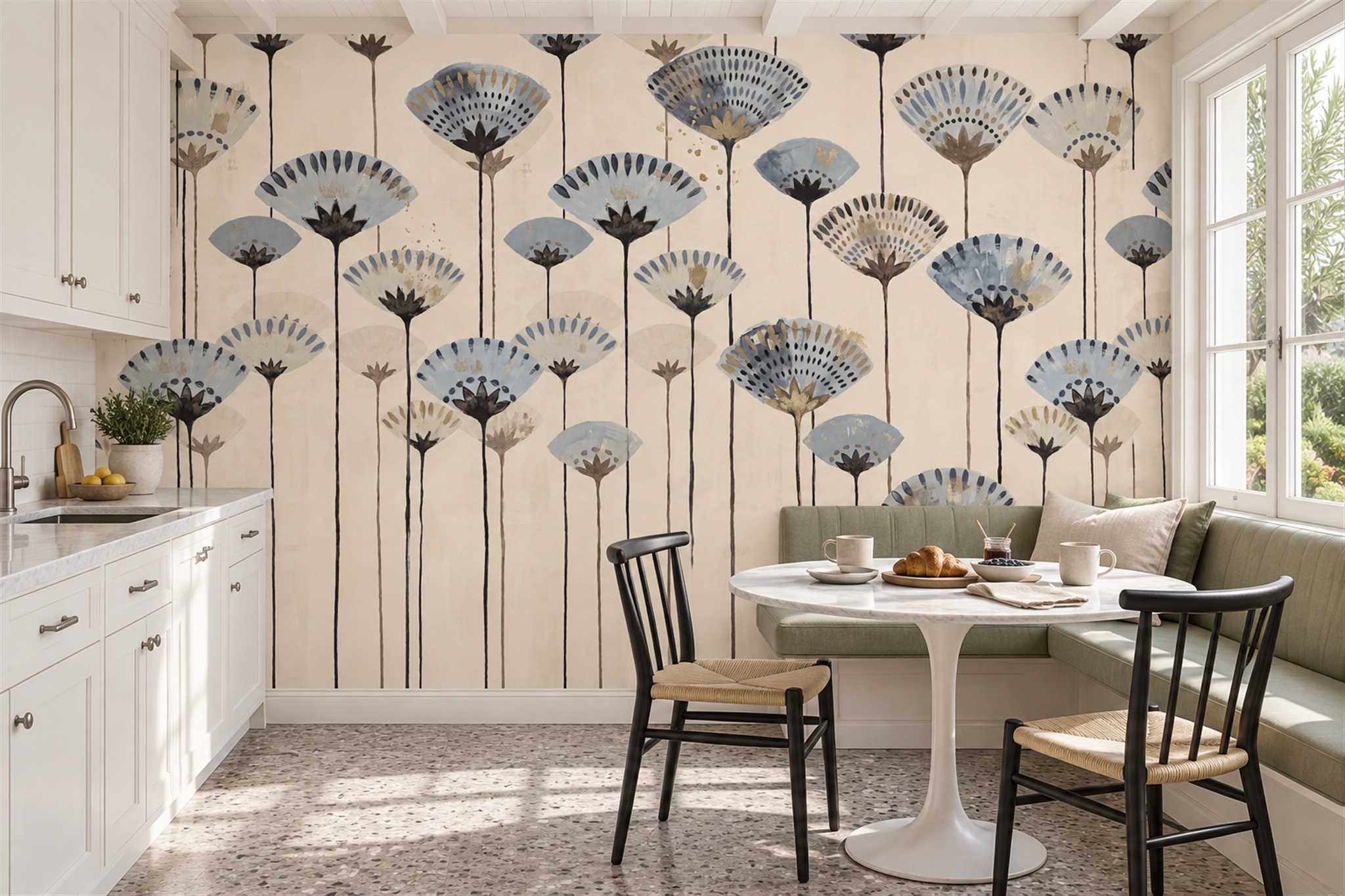 Blue Pattern Decorative Wallpaper Mural Layered Organic Wallpaper Mural Dining-room-wallpaper-murals, Peel-and-stick Finish